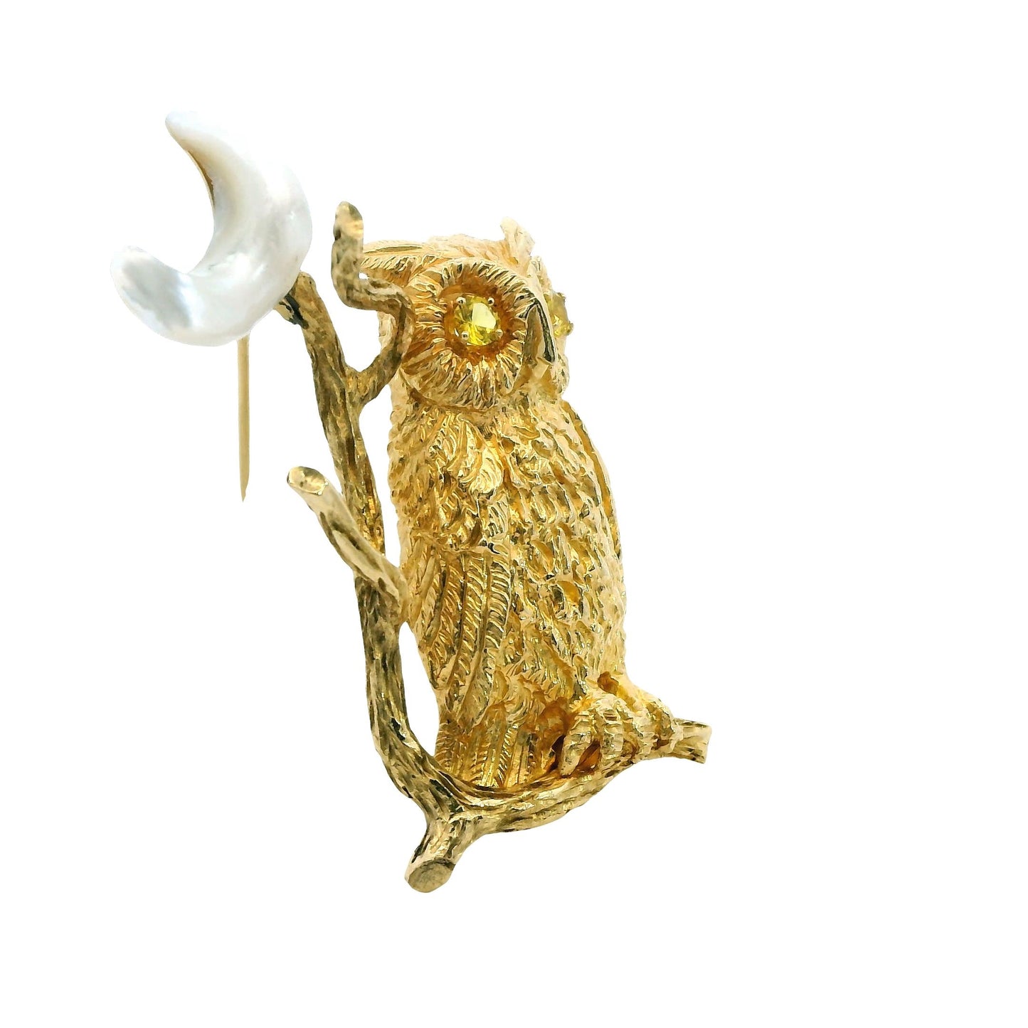 14k Yellow Gold Owl Brooch with Moonstone 17.1g.