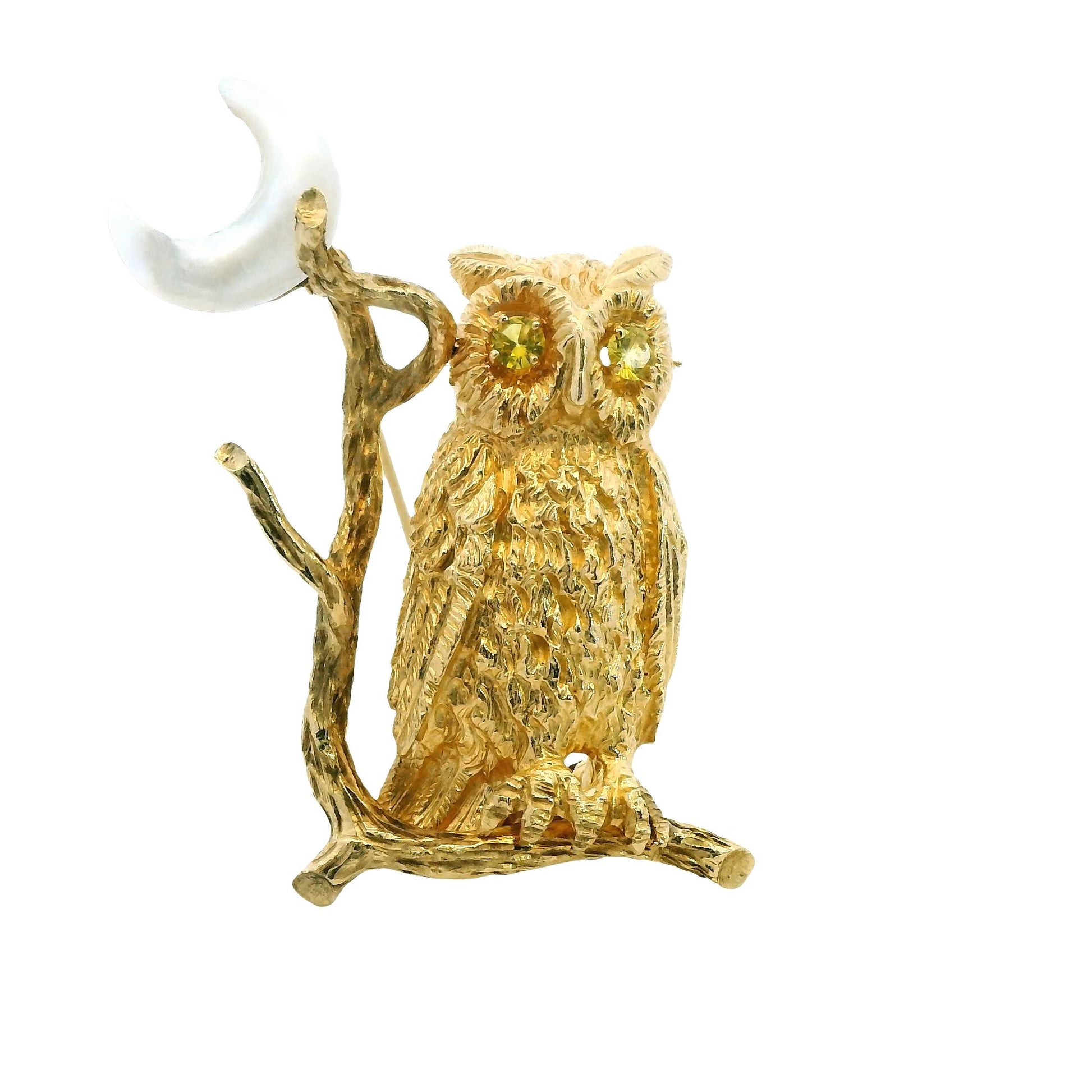 14k Yellow Gold Owl Brooch with Moonstone 17.1g.