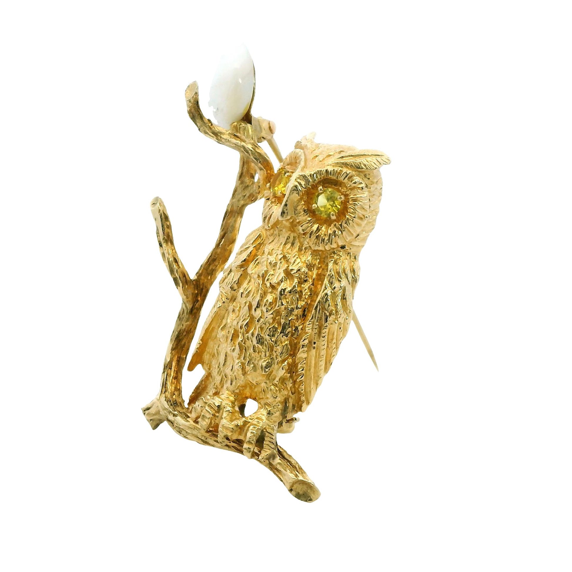 14k Yellow Gold Owl Brooch with Moonstone 17.1g.