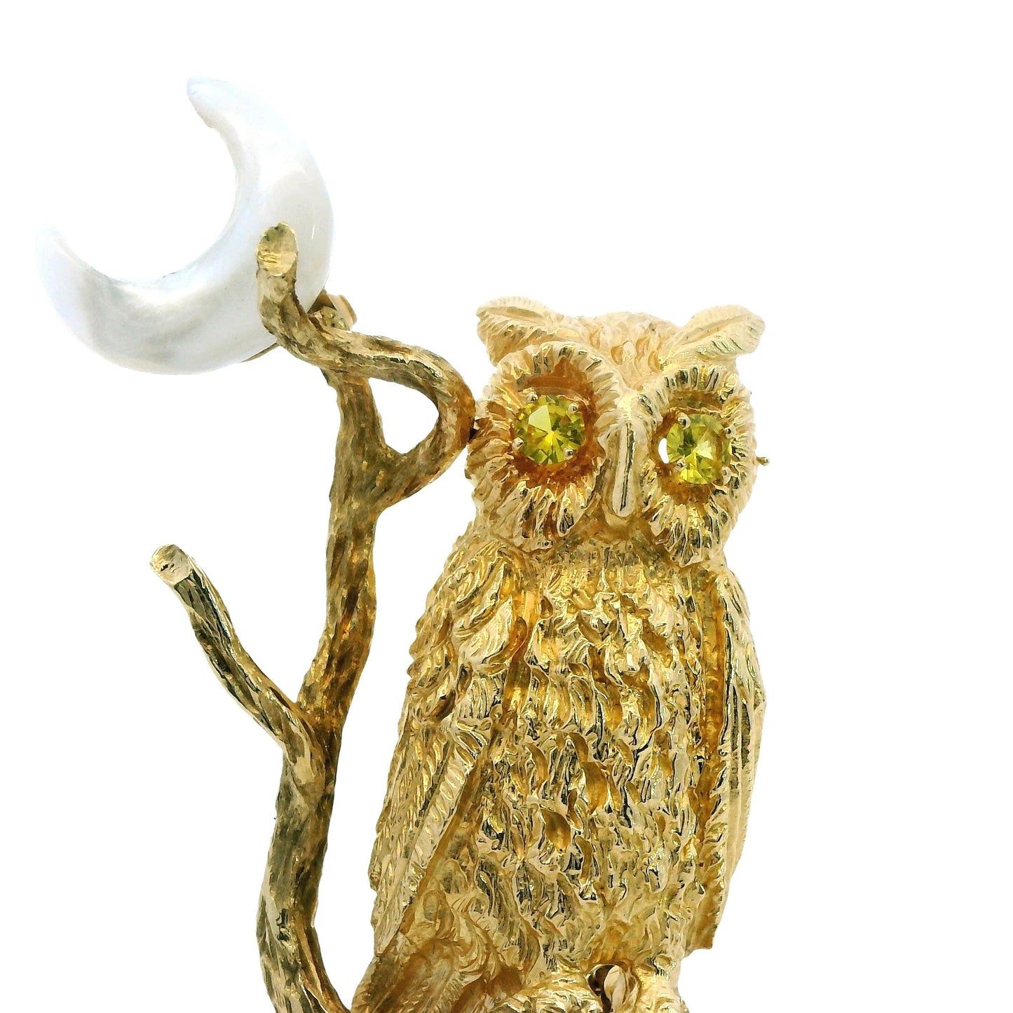 14k Yellow Gold Owl Brooch with Moonstone 17.1g.