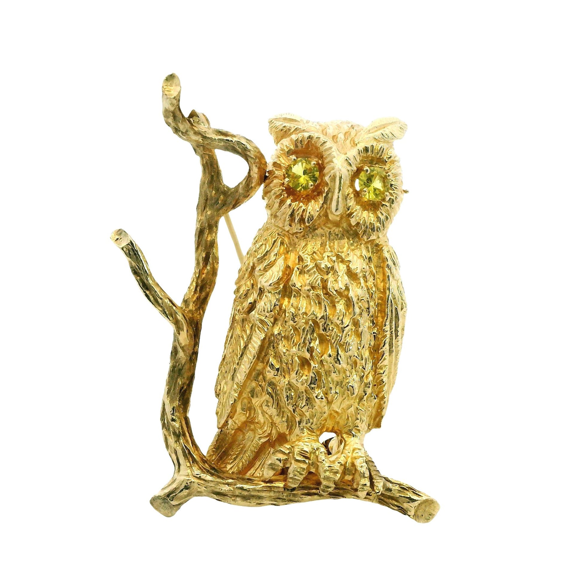 14k Yellow Gold Owl Brooch with Moonstone 17.1g.