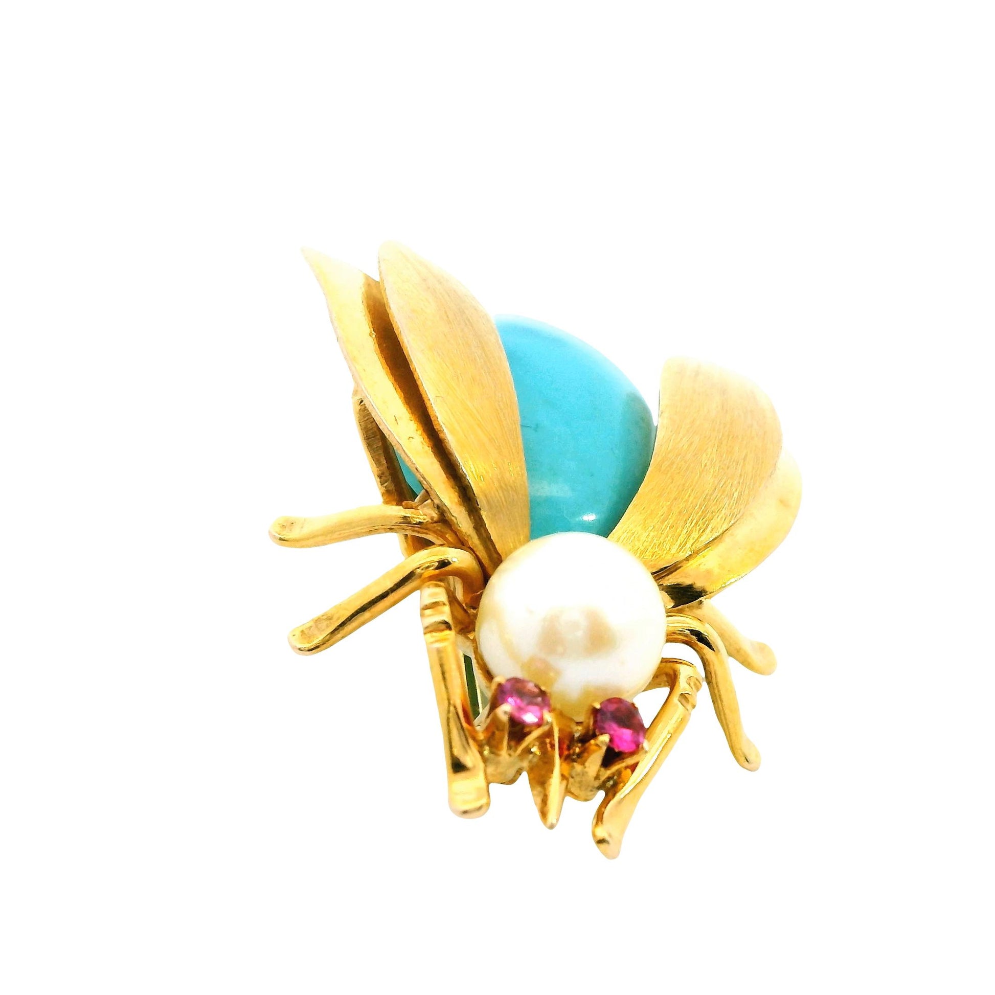 Vintage 14k Yellow Gold with Turquoise & Pearl Bee Brooch 7.6g.
