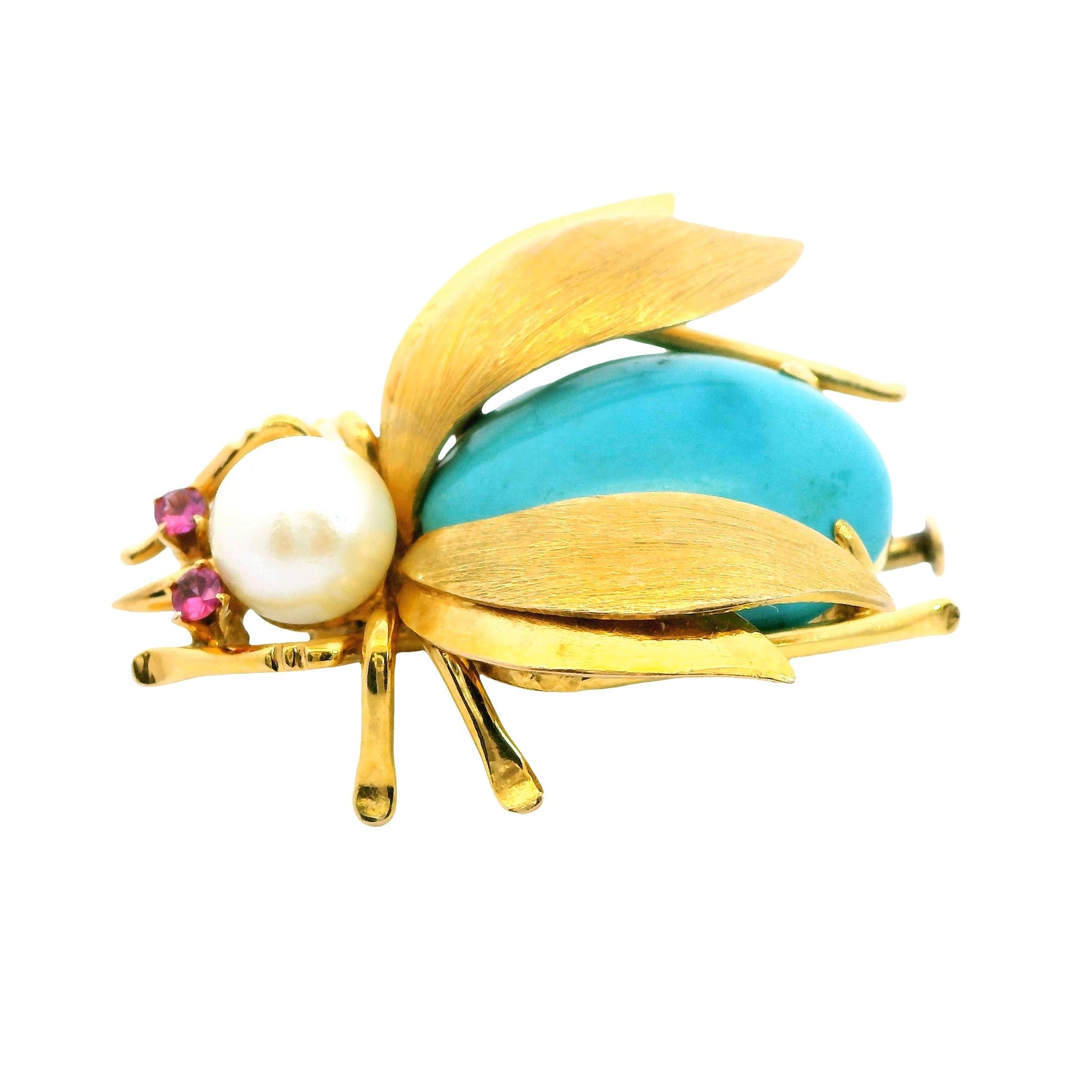 Vintage 14k Yellow Gold with Turquoise & Pearl Bee Brooch 7.6g.