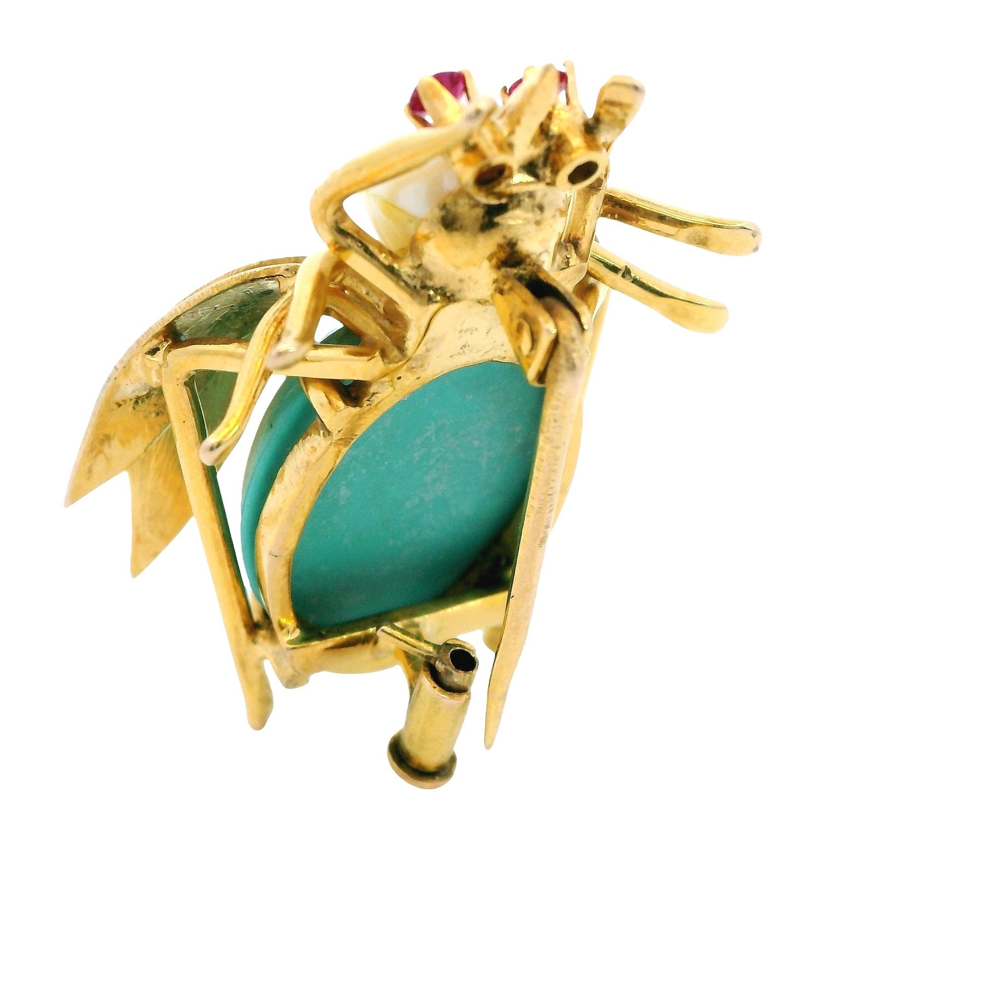 Vintage 14k Yellow Gold with Turquoise & Pearl Bee Brooch 7.6g.