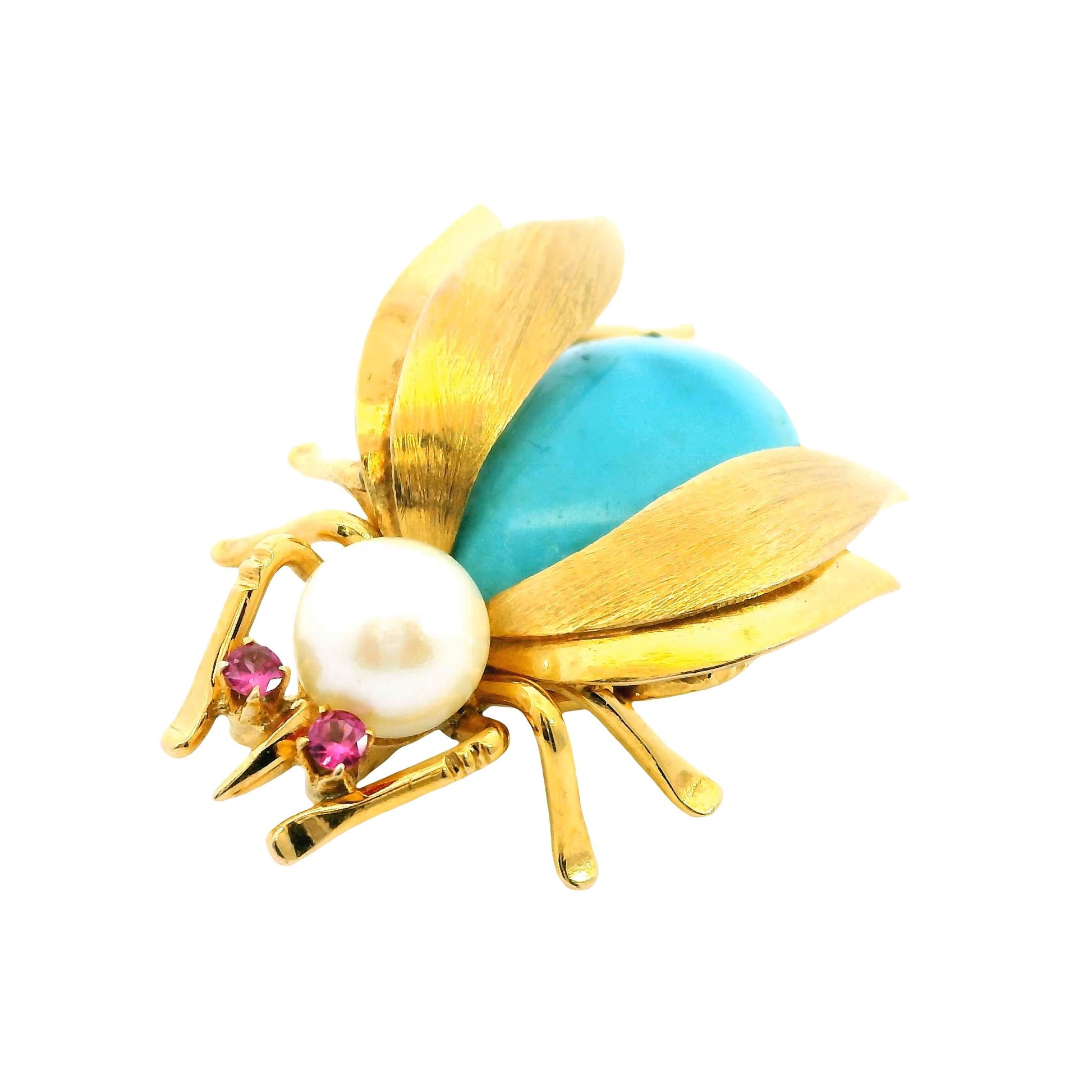 Vintage 14k Yellow Gold with Turquoise & Pearl Bee Brooch 7.6g.