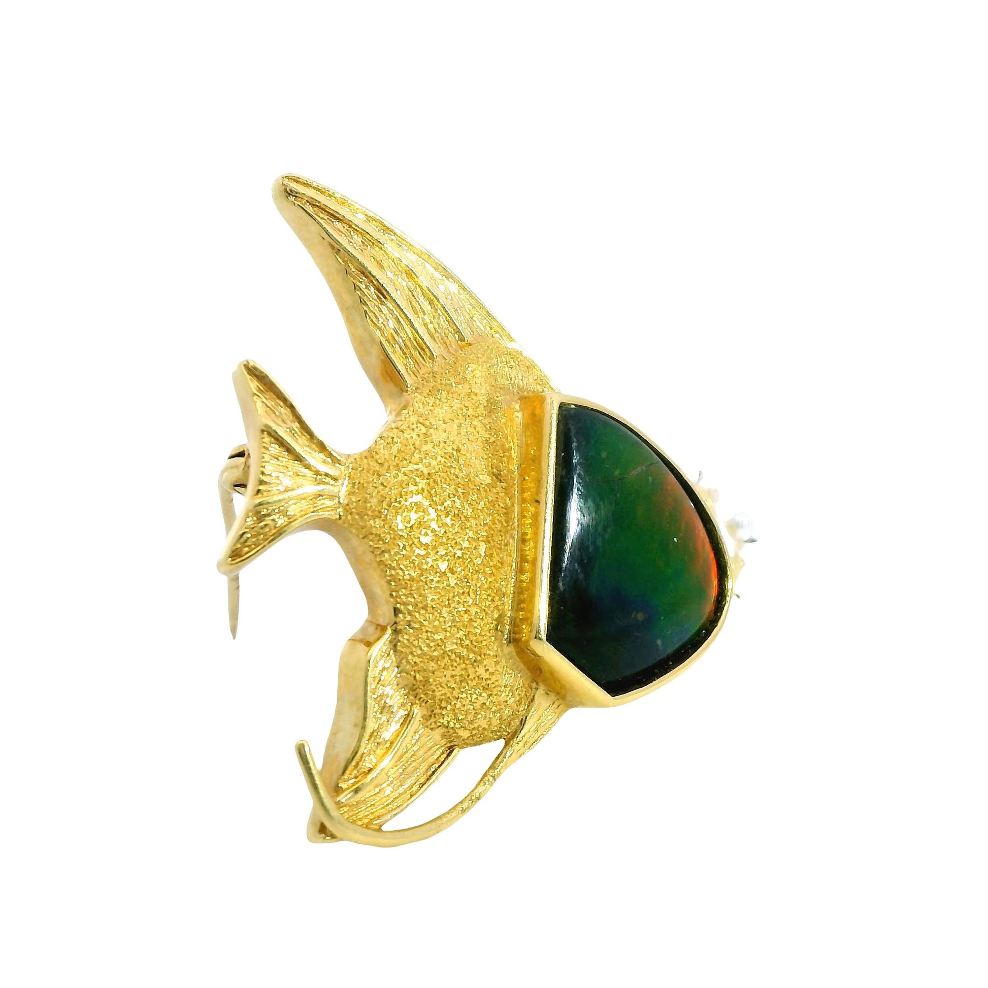 Vintage 18k Yellow Gold Fish Brooch with Ammolite and Pearls 12.7g.