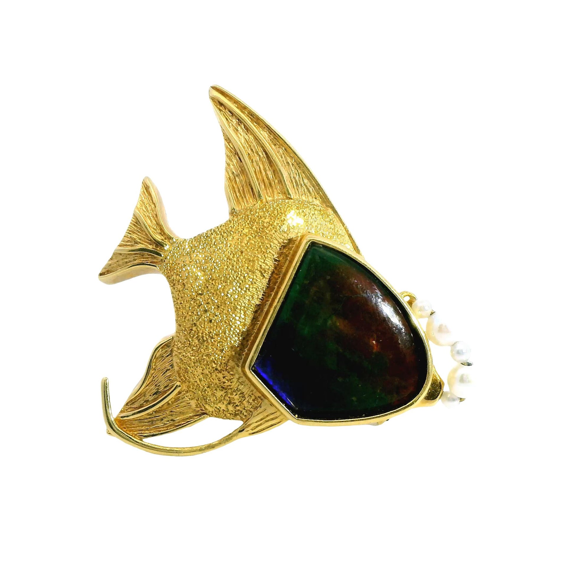 Vintage 18k Yellow Gold Fish Brooch with Ammolite and Pearls 12.7g.