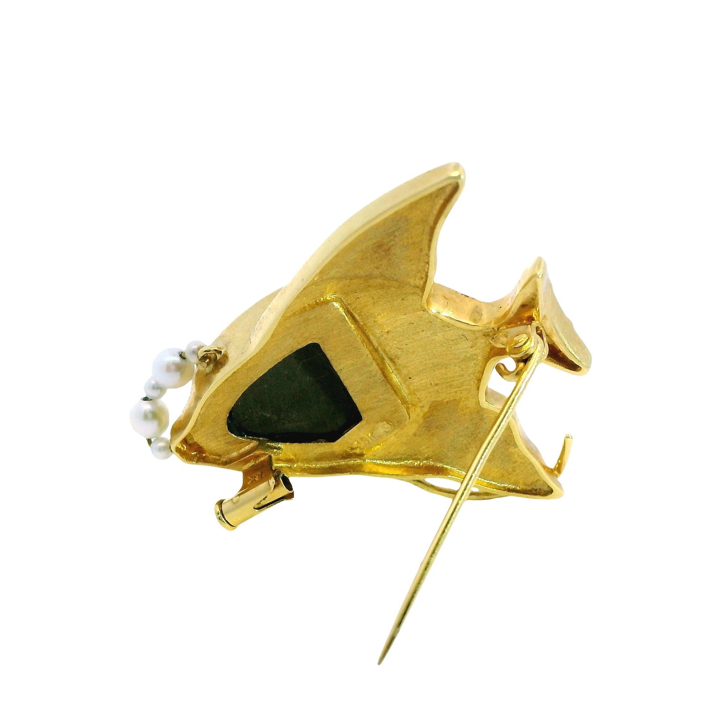 Vintage 18k Yellow Gold Fish Brooch with Ammolite and Pearls 12.7g.