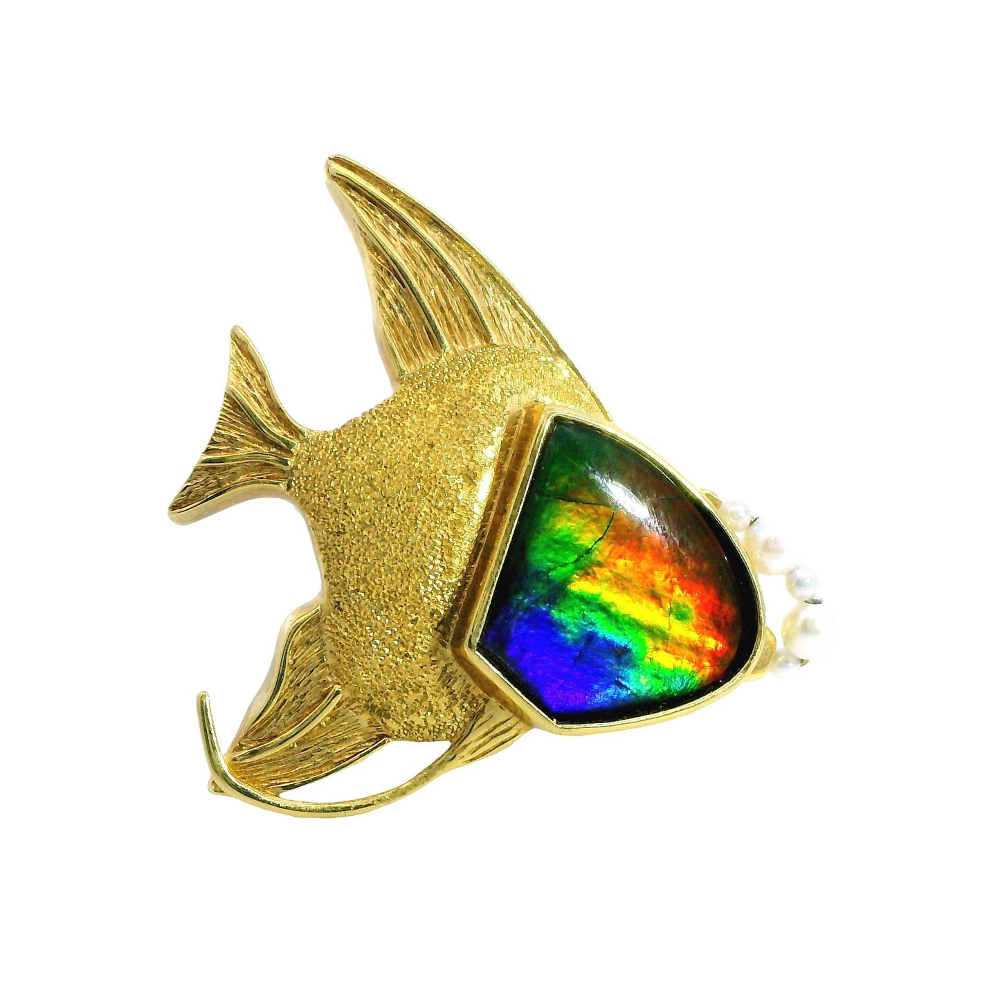 Vintage 18k Yellow Gold Fish Brooch with Ammolite and Pearls 12.7g.