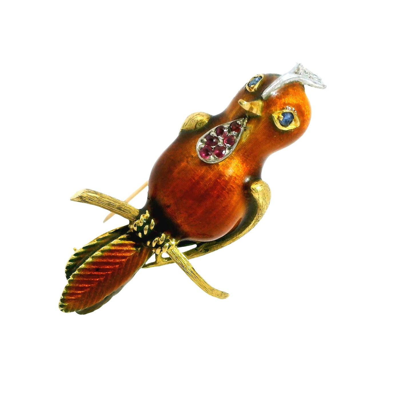 Vintage 18k Yellow Gold & Enamel Bird Brooch 9.78g.