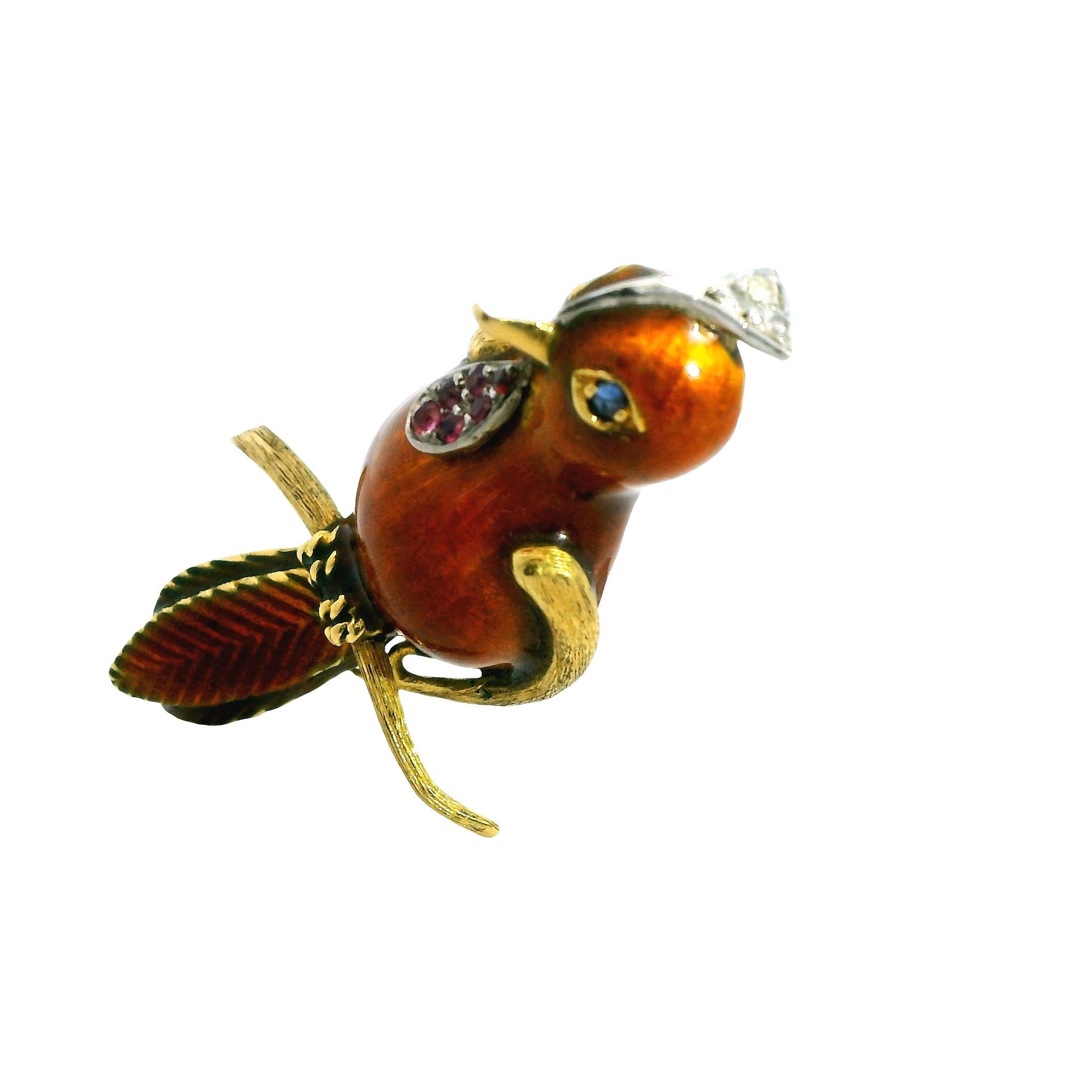 Vintage 18k Yellow Gold & Enamel Bird Brooch 9.78g.