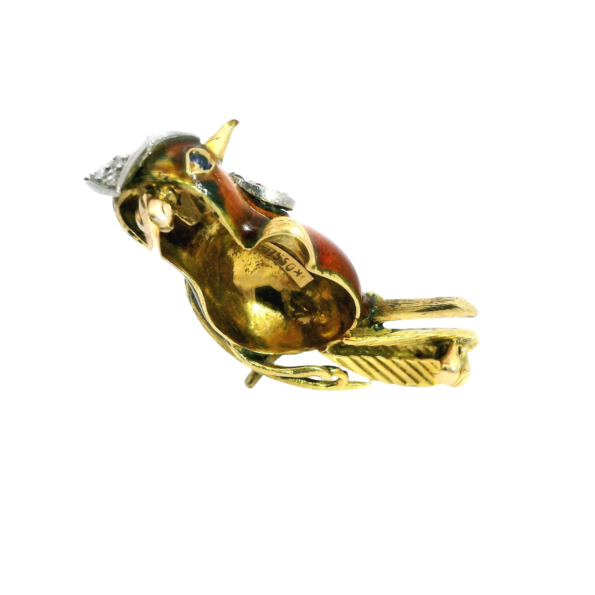 Vintage 18k Yellow Gold & Enamel Bird Brooch 9.78g.