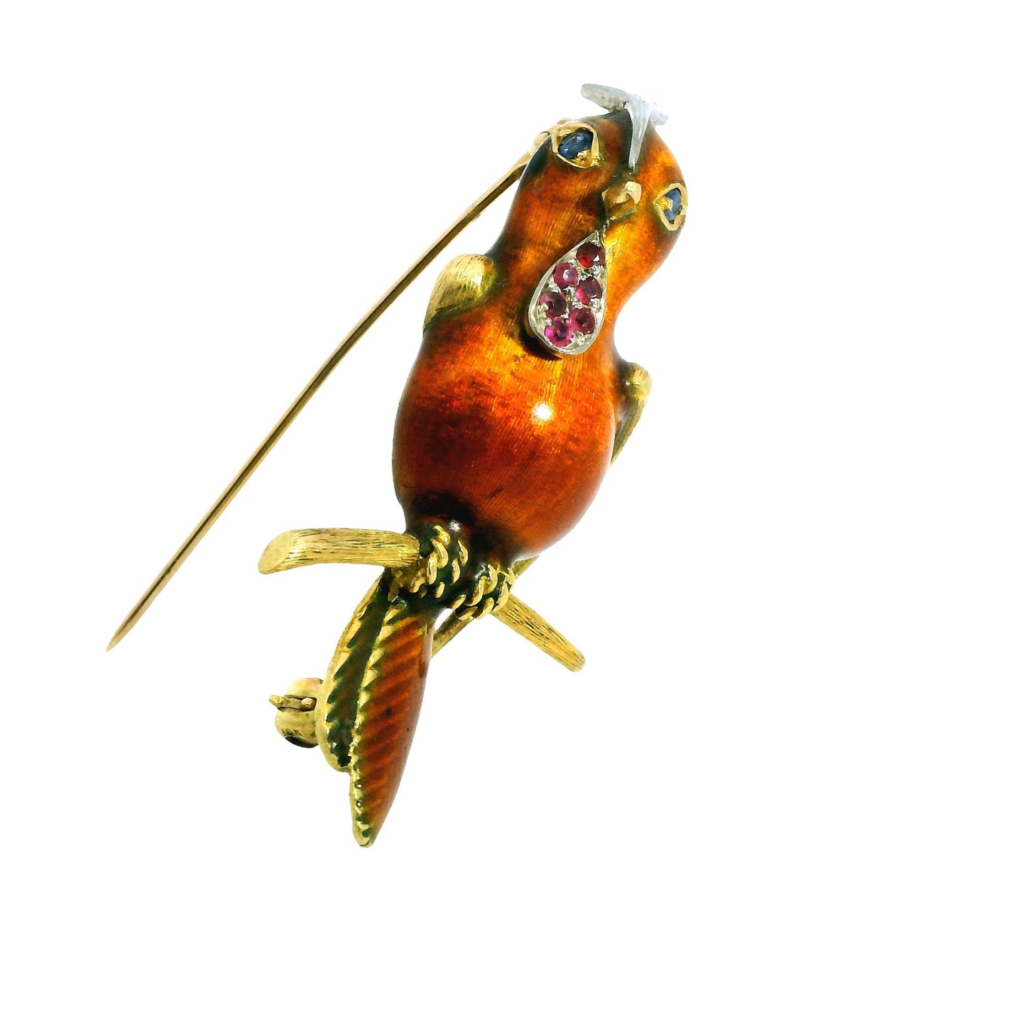 Vintage 18k Yellow Gold & Enamel Bird Brooch 9.78g.