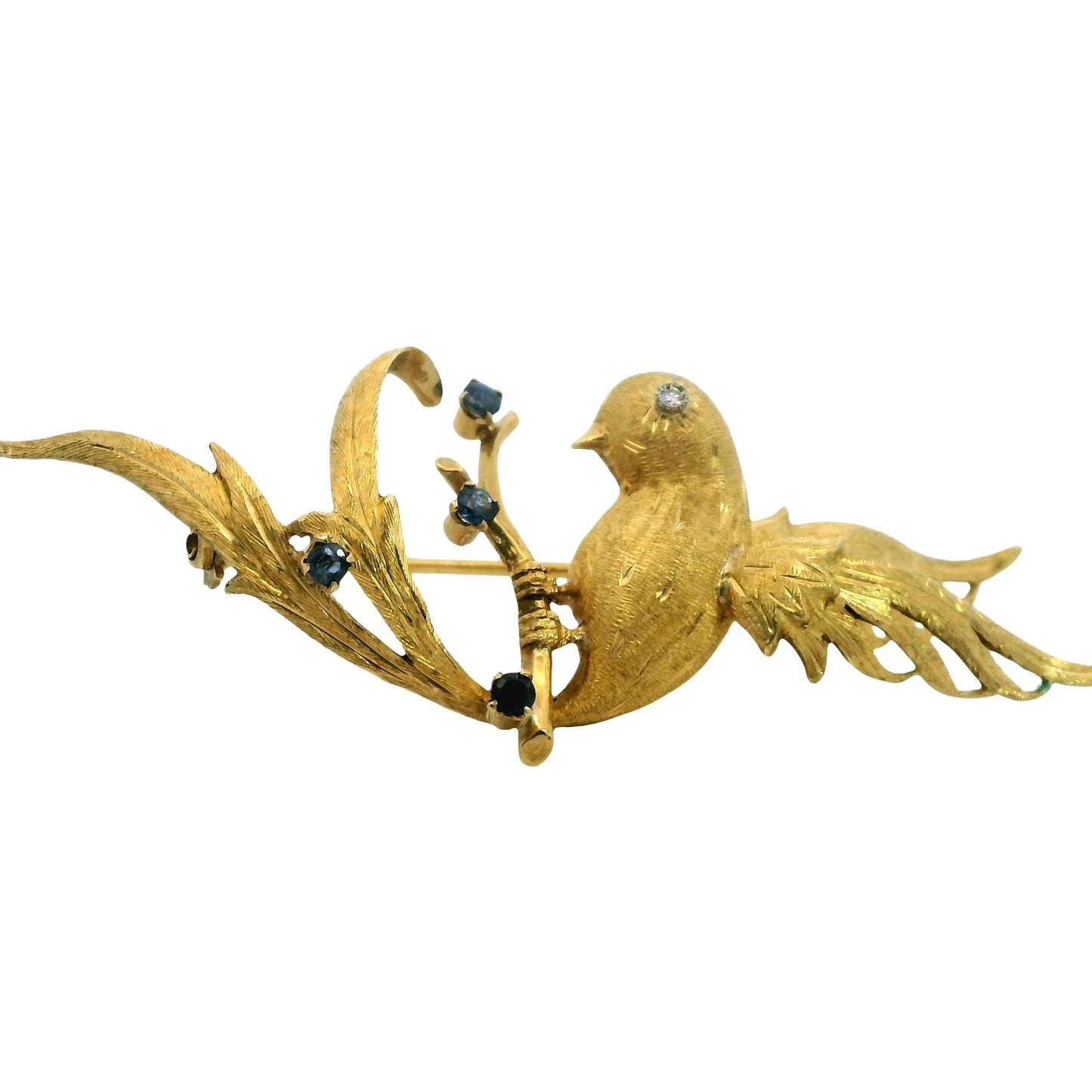 Vintage 18k Yellow Gold Humming Bird Brooch With Sapphire 18.06g.