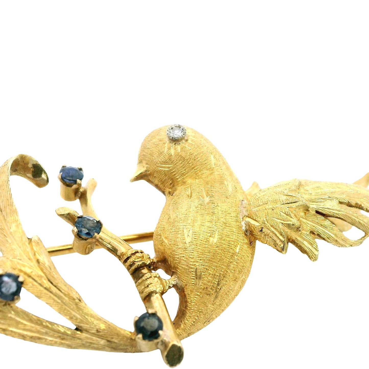 Vintage 18k Yellow Gold Humming Bird Brooch With Sapphire 18.06g.