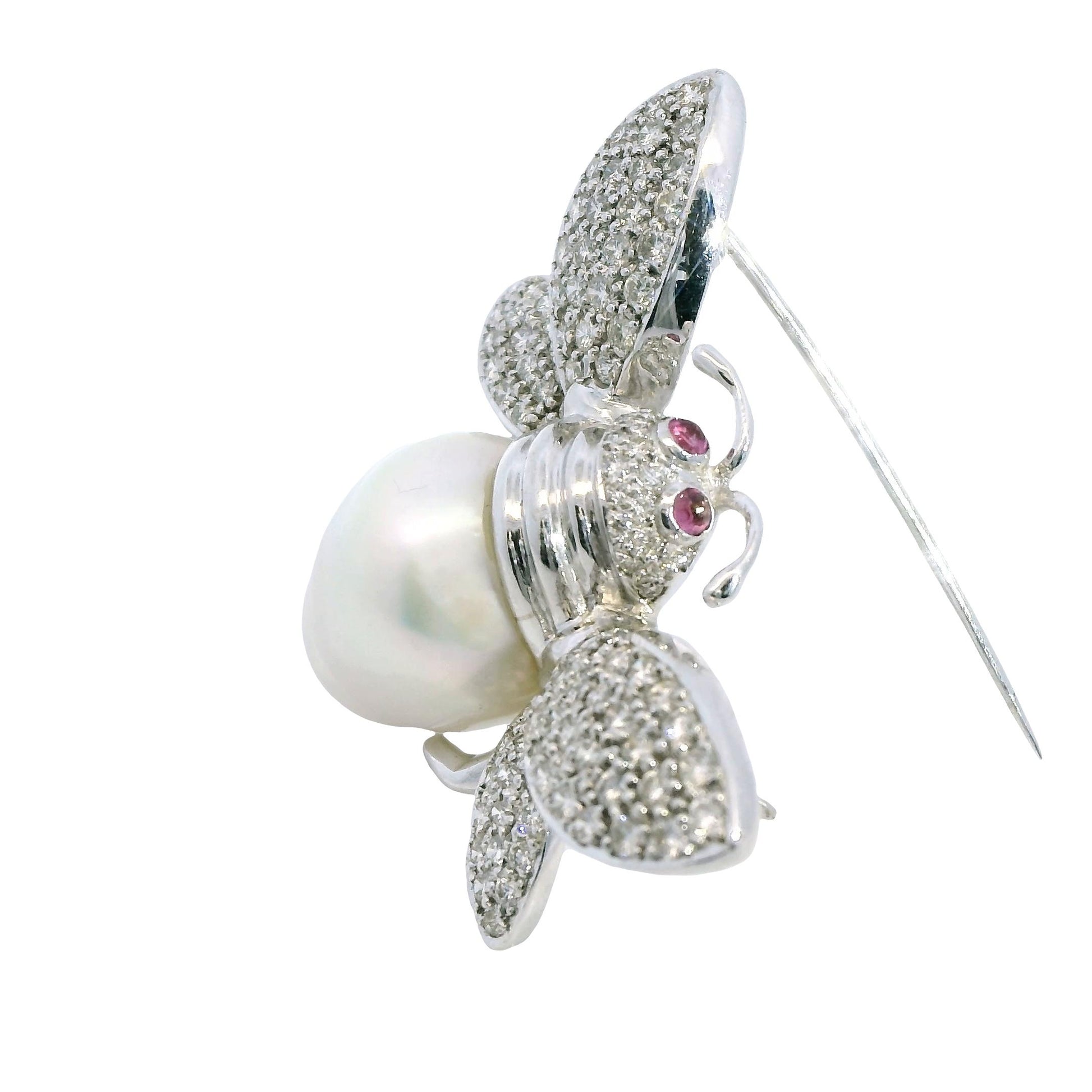 18k White Gold Bee Brooch with White Diamonds & Pearl 16.75g.