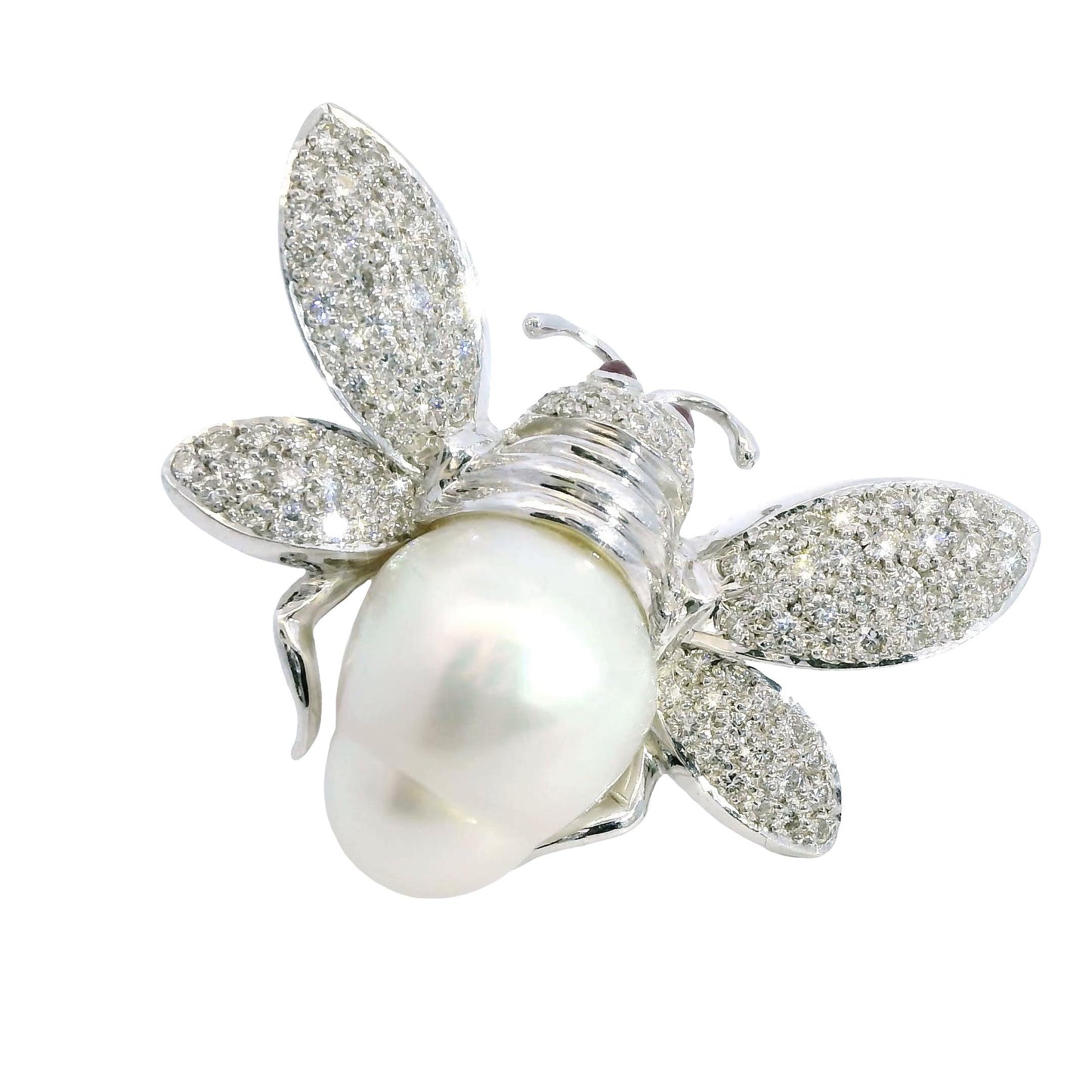 18k White Gold Bee Brooch with White Diamonds & Pearl 16.75g.