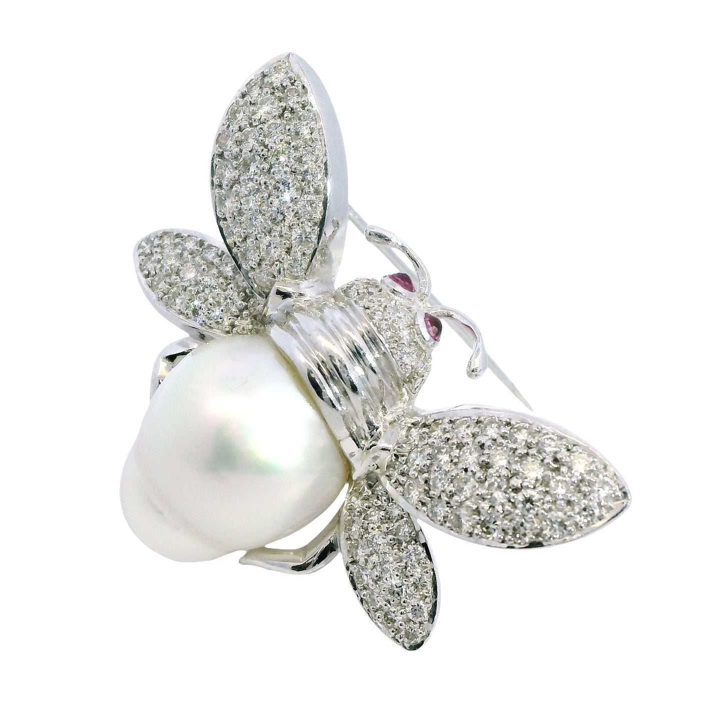 18k White Gold Bee Brooch with White Diamonds & Pearl 16.75g.