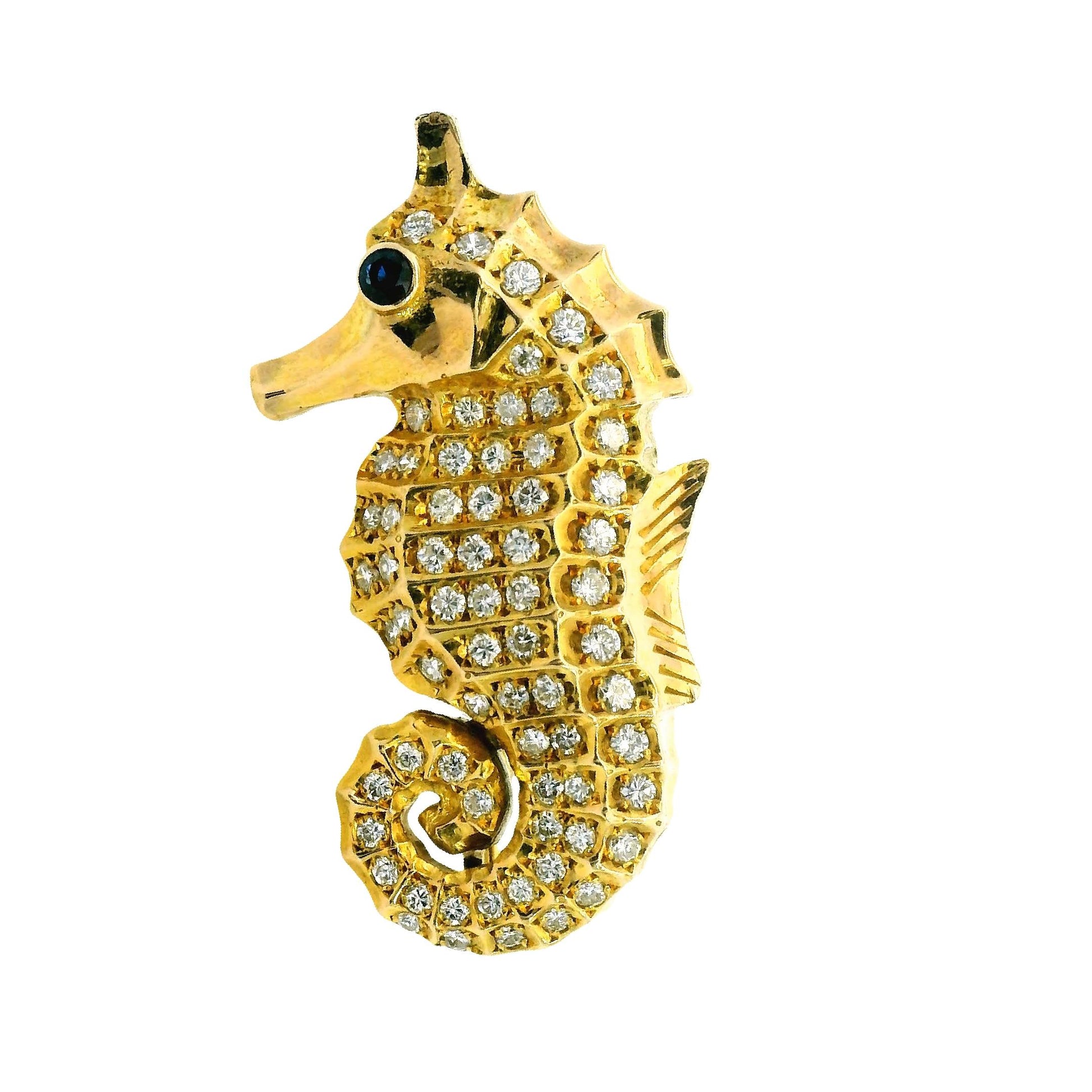 1 cttw. White Diamond Seahorse Brooch in 18k Yellow Gold 9.23g.