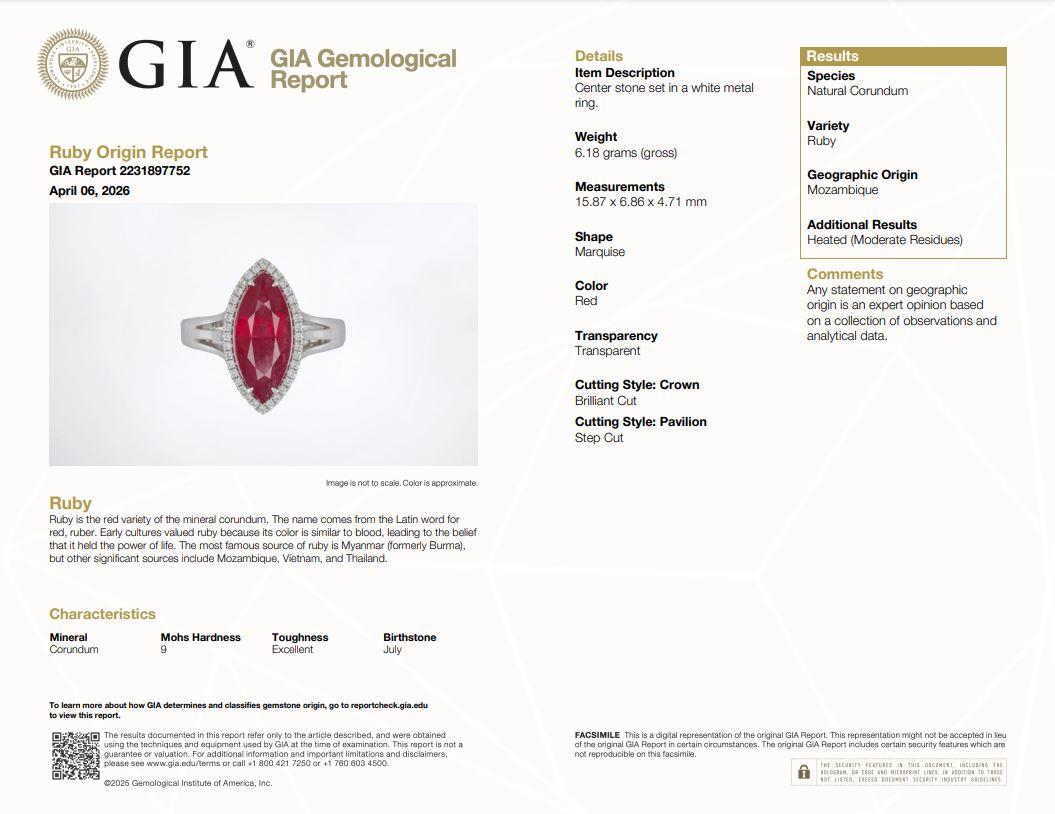 GIA 3.86ct Red Mozambique Ruby & White Diamond Ring in 18k White Gold 6.75US