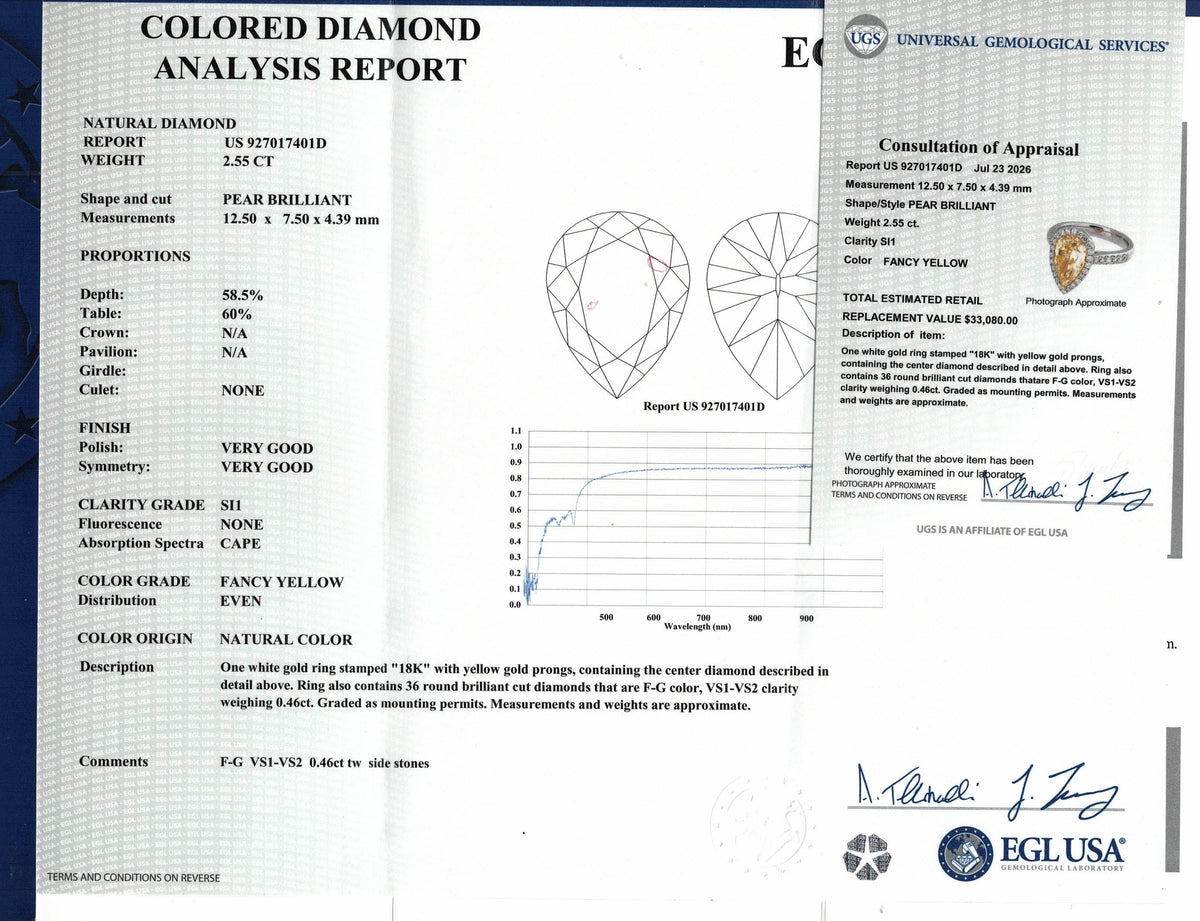 2.55 ct. Fancy Yellow Diamond & 0.46cttw. White Diamond Engagement Ring 18k WG