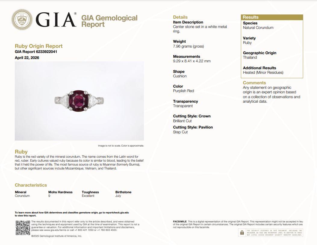 GIA 3.14ct. Ruby & 0.93cttw White Diamond Platinum Ring 7US 7.37g.