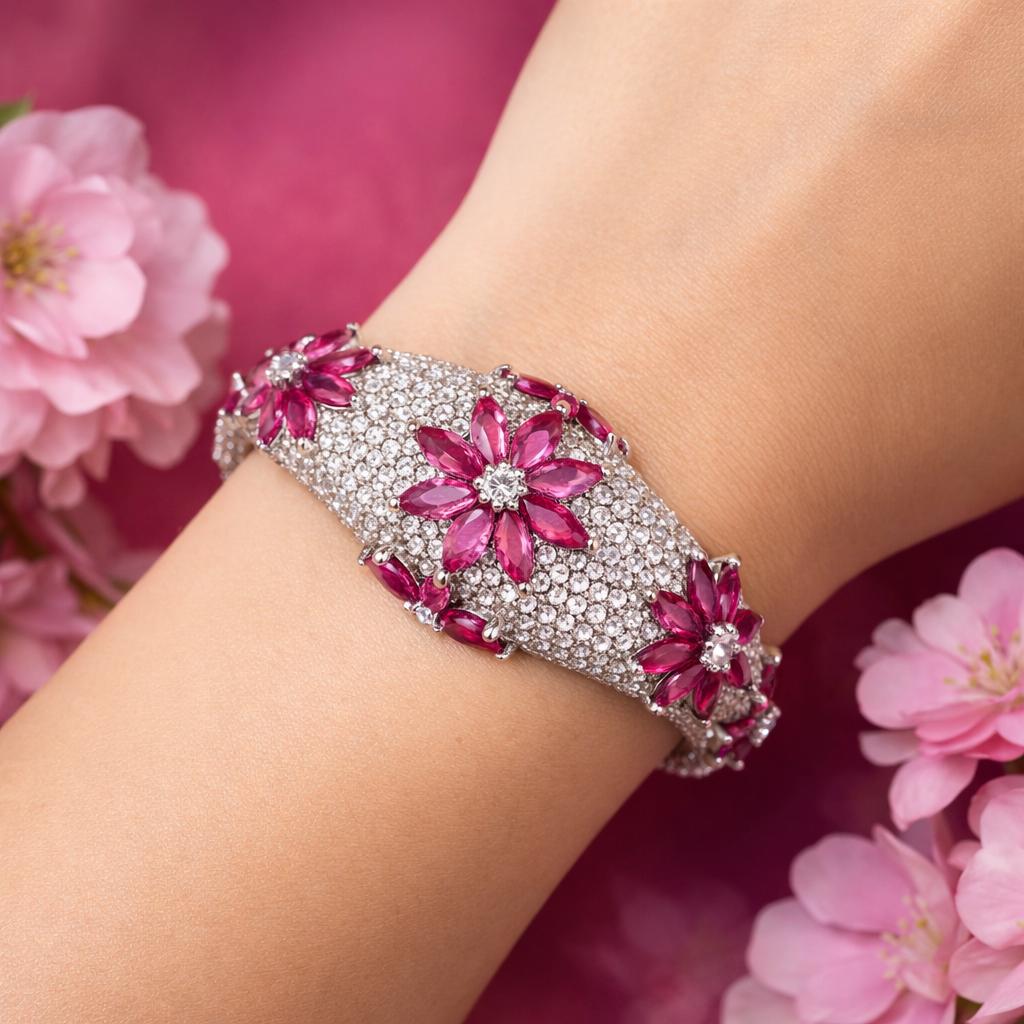 6cttw. Ruby & approx. 5cttw White Diamond Flower Bangle in 14k WG 32.18g. 6"