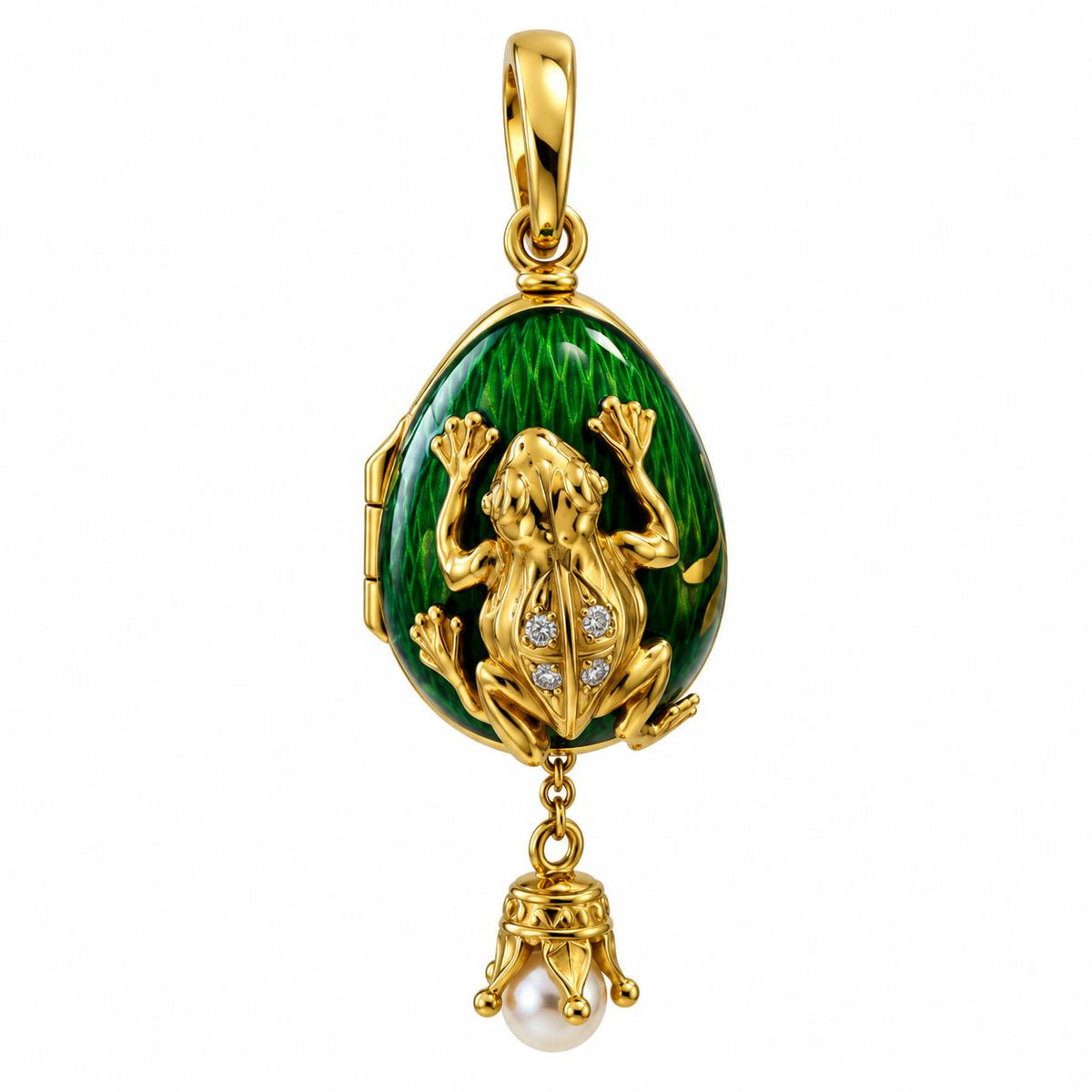 18k Yellow Gold Enamel Faberge Egg Pendant with White DIamonds 14.13g.