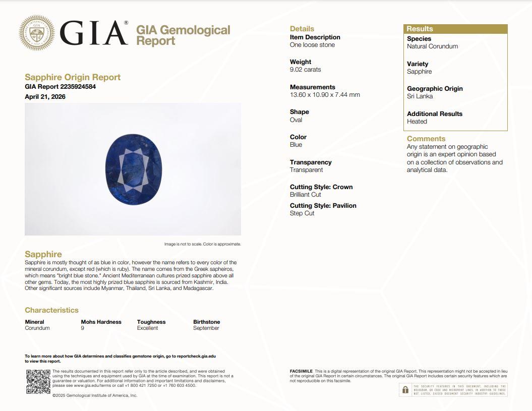GIA 9.02ct Blue Sapphire & White Diamond Cocktail Ring in 18k Yellow Gold 5.75US