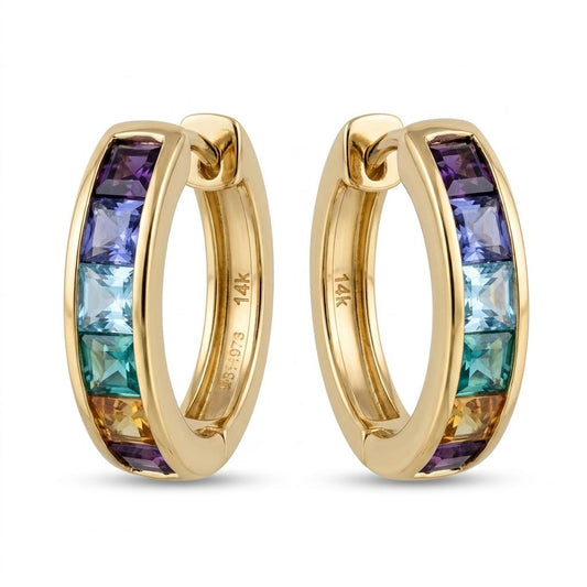 14k Yellow Gold Multi-Colour Sapphire Hoop Earrings 2.90g.