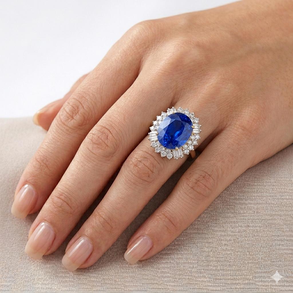 GIA 9.02ct Blue Sapphire & White Diamond Cocktail Ring in 18k Yellow Gold 5.75US