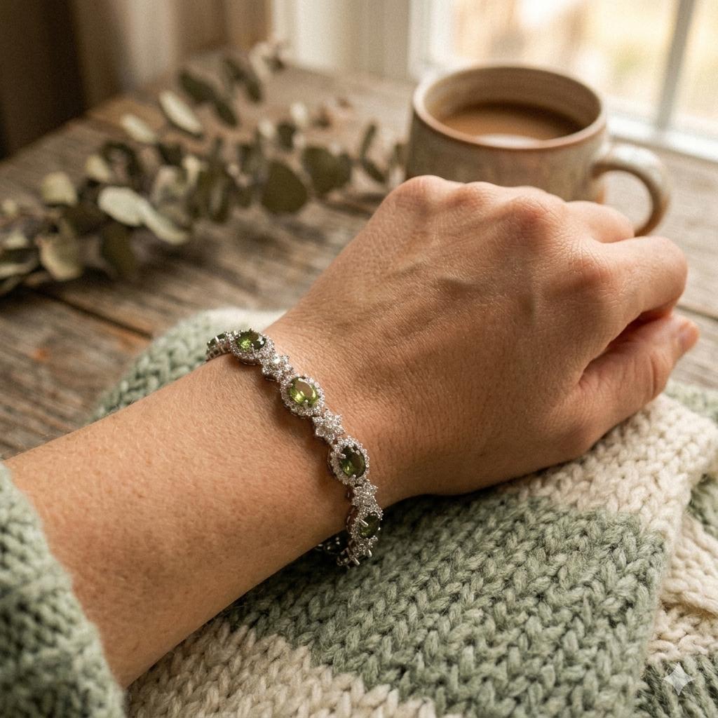 8.1cttw. Green Sapphire & 5.3cttw. White Diamond Bracelet in 14K WG 6" 17.3g.