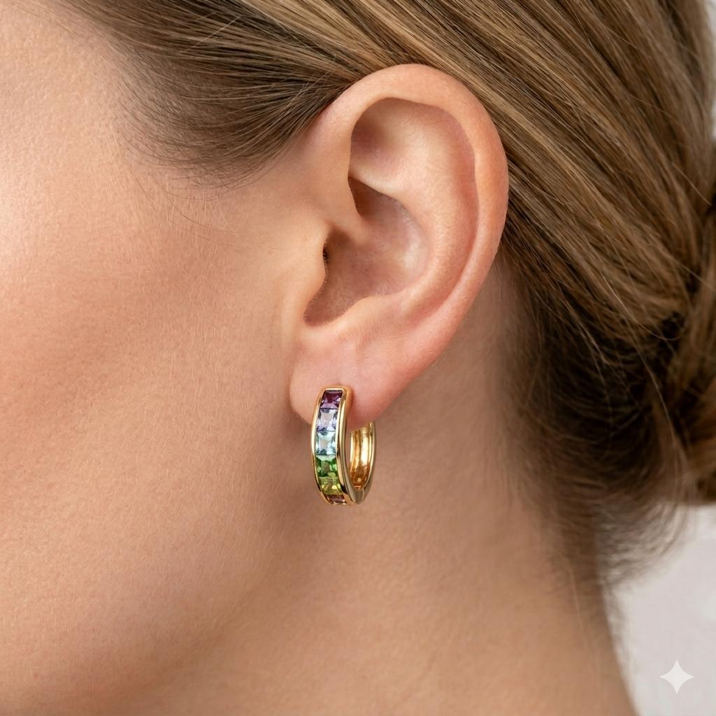 14k Yellow Gold Multi-Colour Sapphire Hoop Earrings 2.90g.