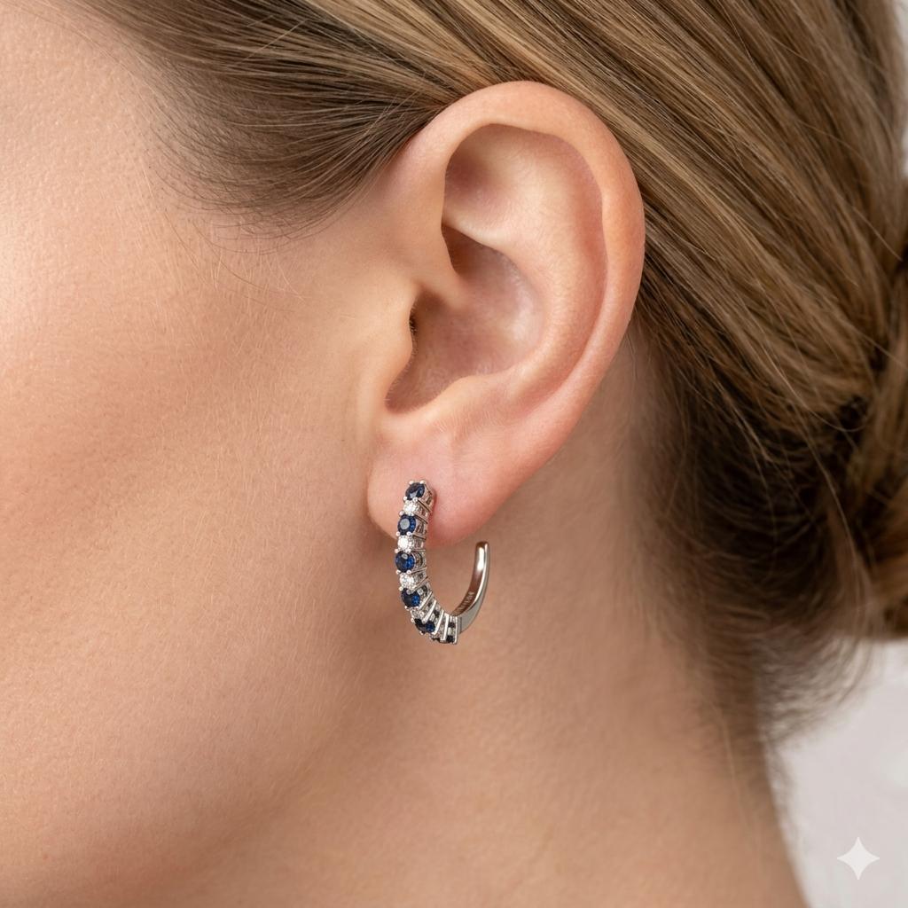 0.30cttw Blue Sapphire & 0.30cttw Diamond Hoops Earrings in 14k White Gold 3.36g
