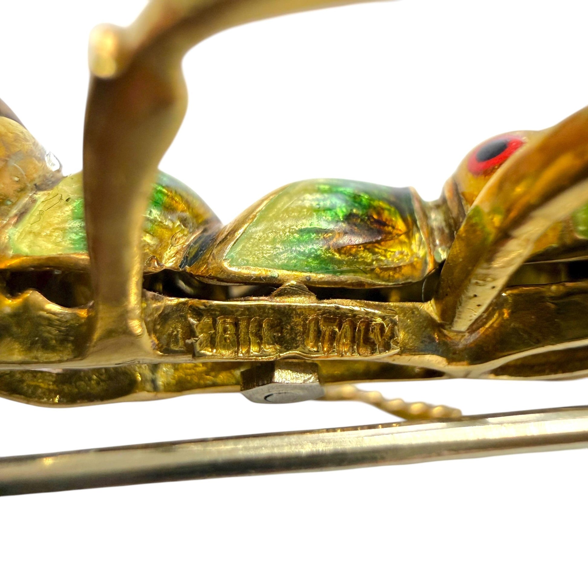 Ruby & White Diamond Ant Enamel Brooch in 18k Yellow Gold 15.1g.