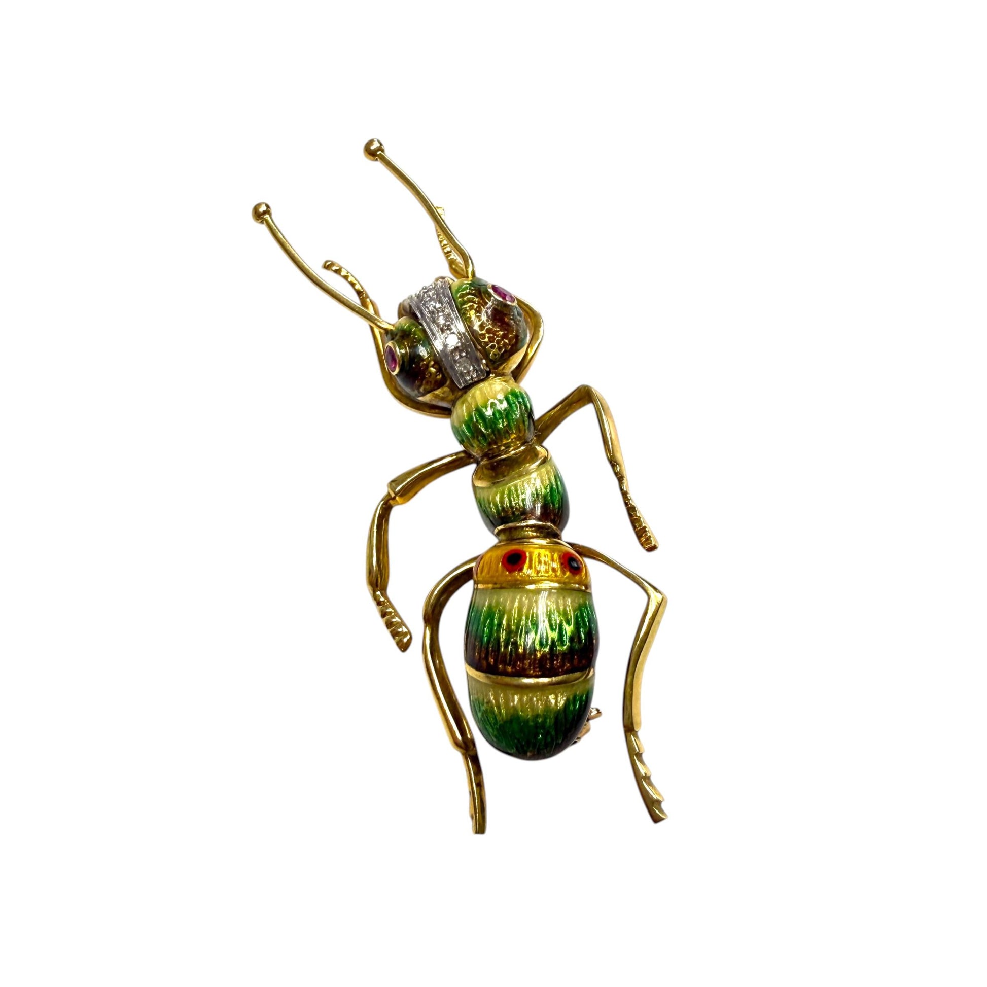 Ruby & White Diamond Ant Enamel Brooch in 18k Yellow Gold 15.1g.