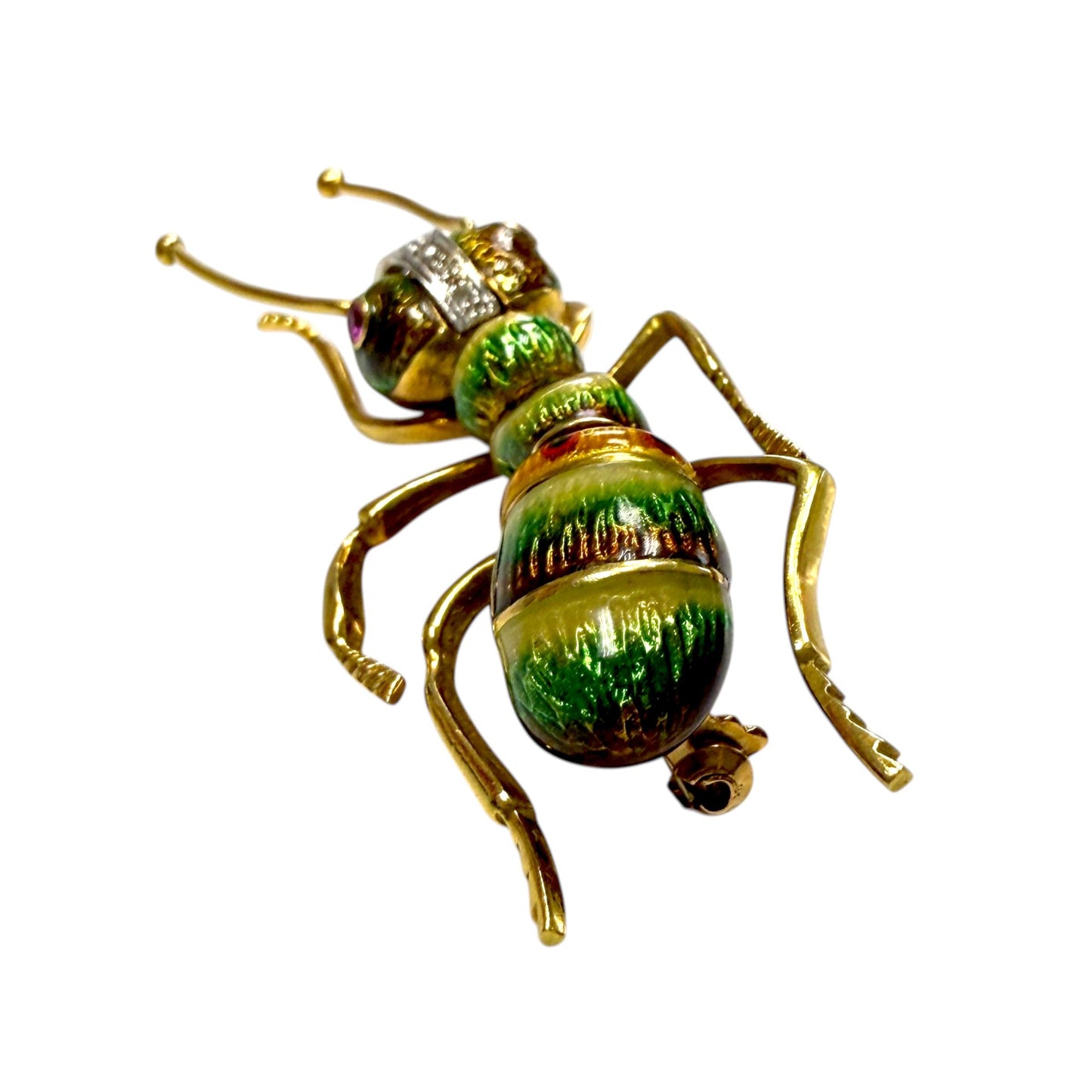 Ruby & White Diamond Ant Enamel Brooch in 18k Yellow Gold 15.1g.