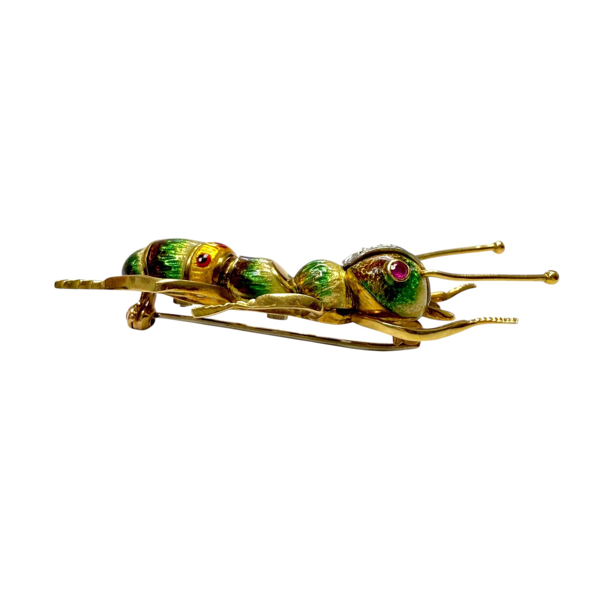 Ruby & White Diamond Ant Enamel Brooch in 18k Yellow Gold 15.1g.