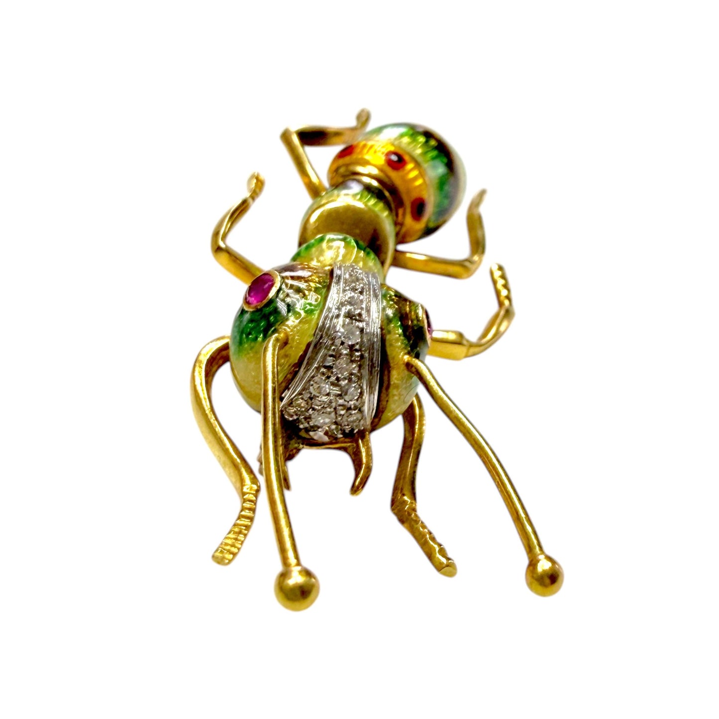 Ruby & White Diamond Ant Enamel Brooch in 18k Yellow Gold 15.1g.