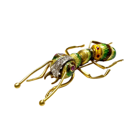 Ruby & White Diamond Ant Enamel Brooch in 18k Yellow Gold 15.1g.