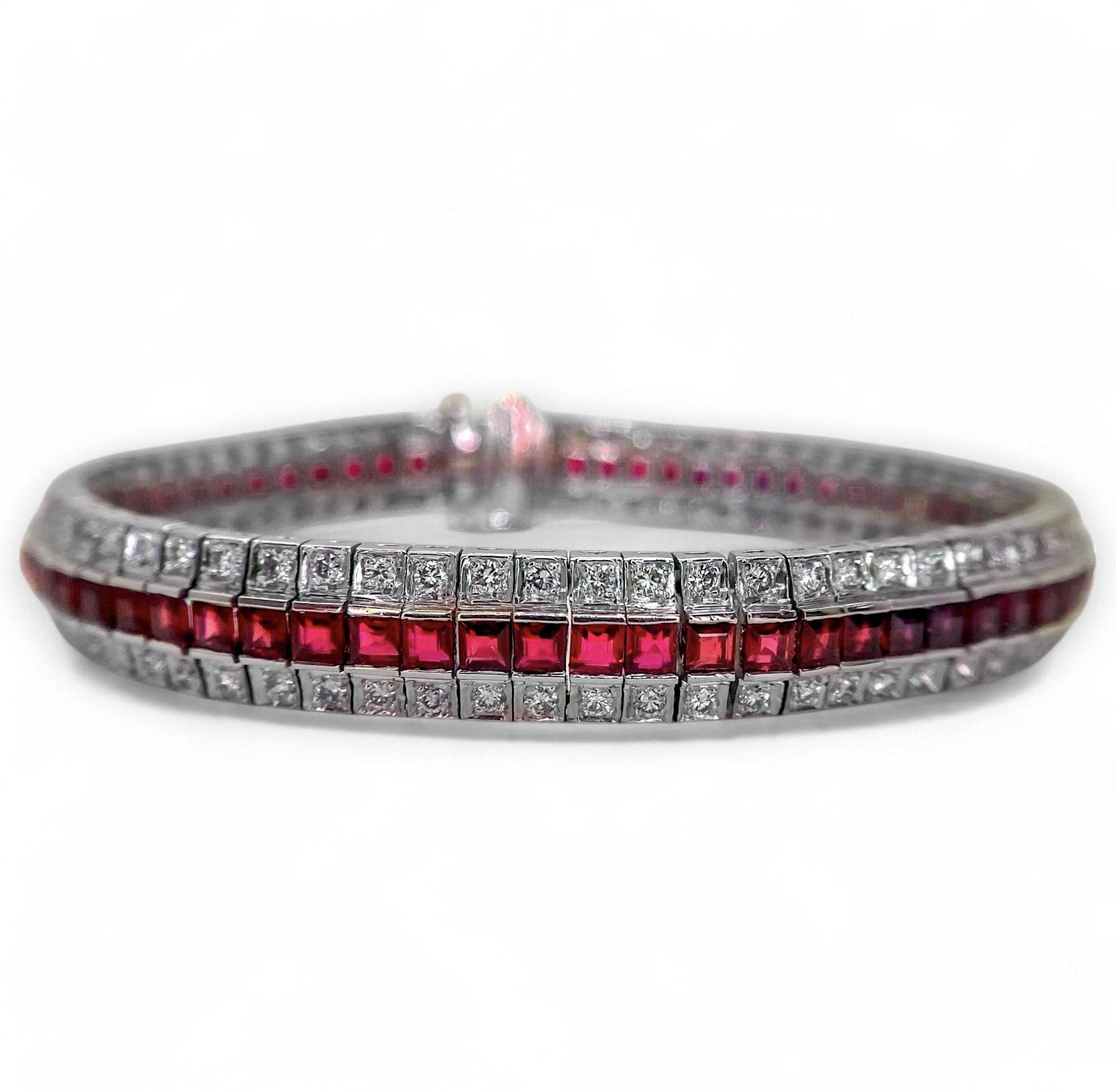 7.7cts No Heat Rubies & White Diamonds Art Deco Bracelet in 18K White Gold 30g