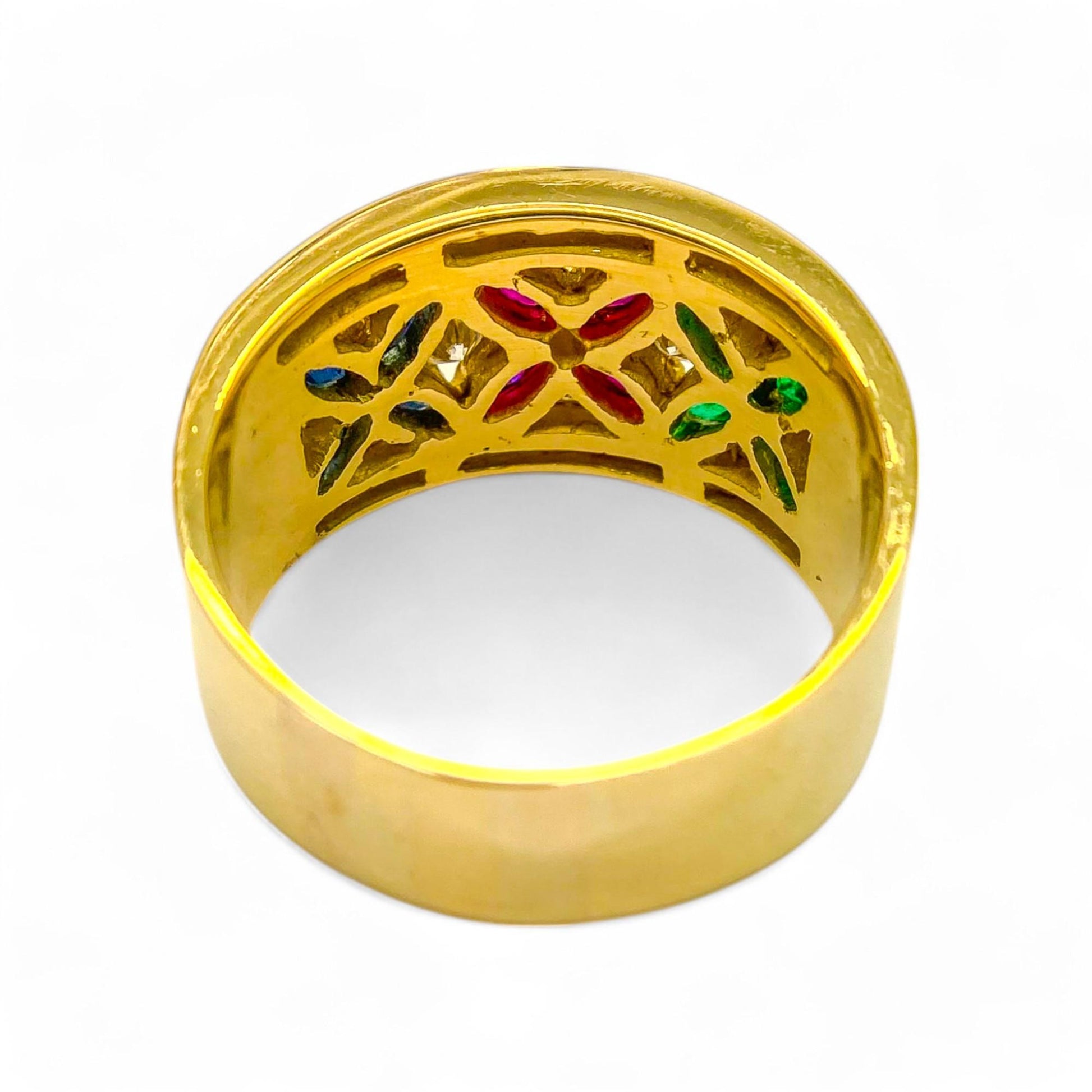 Diamond and Multi Color Wide Ring in 18K Yellow Gold 9US 10.6g