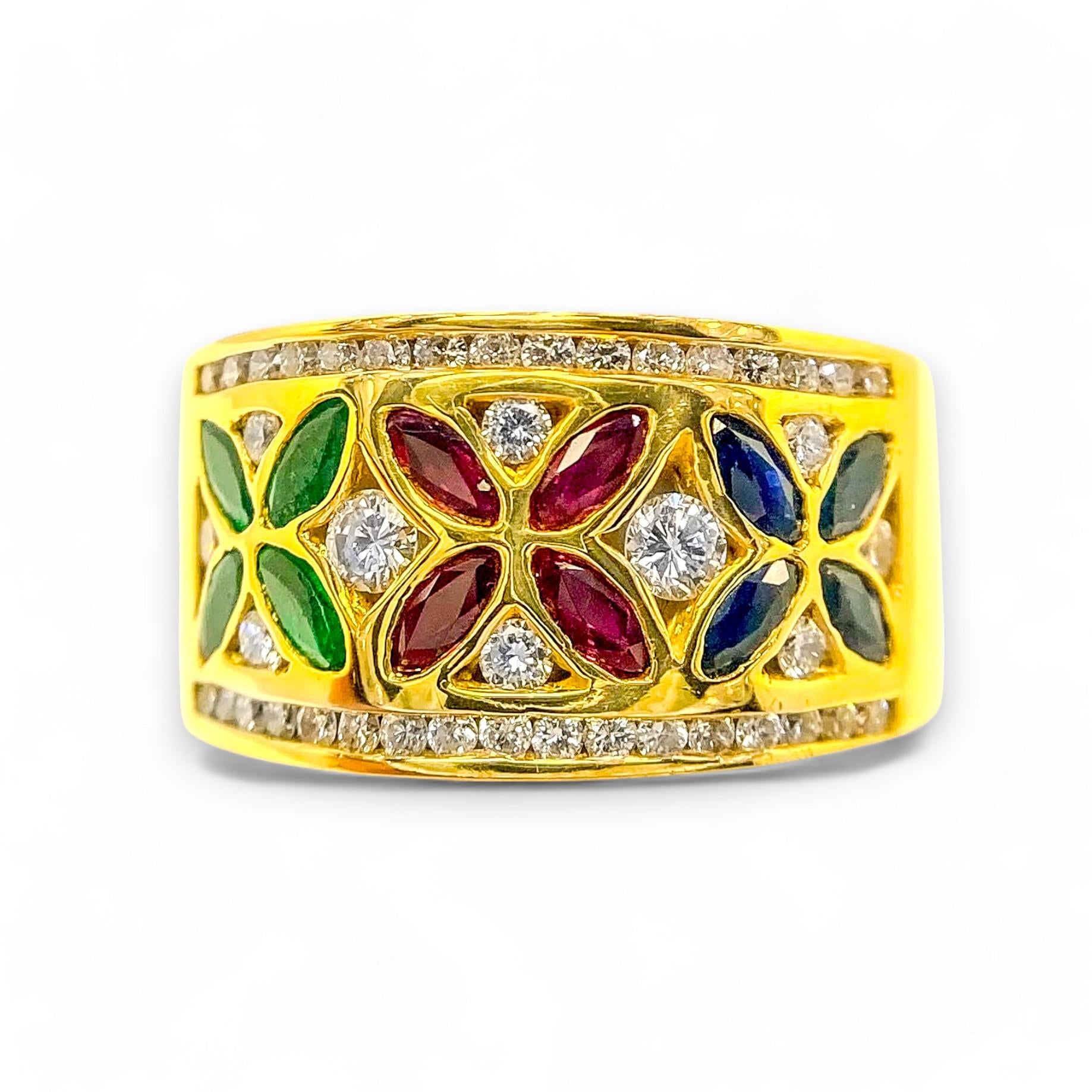 Diamond and Multi Color Wide Ring in 18K Yellow Gold 9US 10.6g