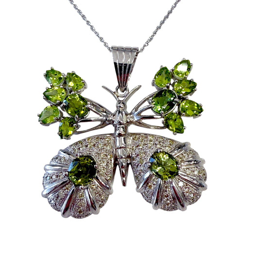 16cttw. Peridot & 2.20 cttw. Butterfly Necklace in 14k White Gold 30g.