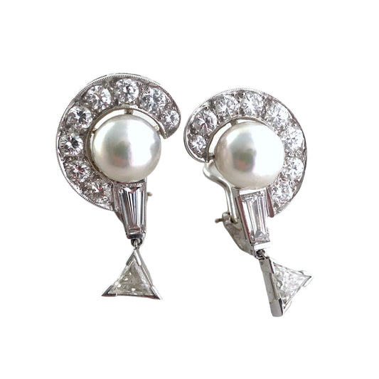 3.4 CTTW Cultivated Pearl & White Diamonds Earrings Clip On Huggies