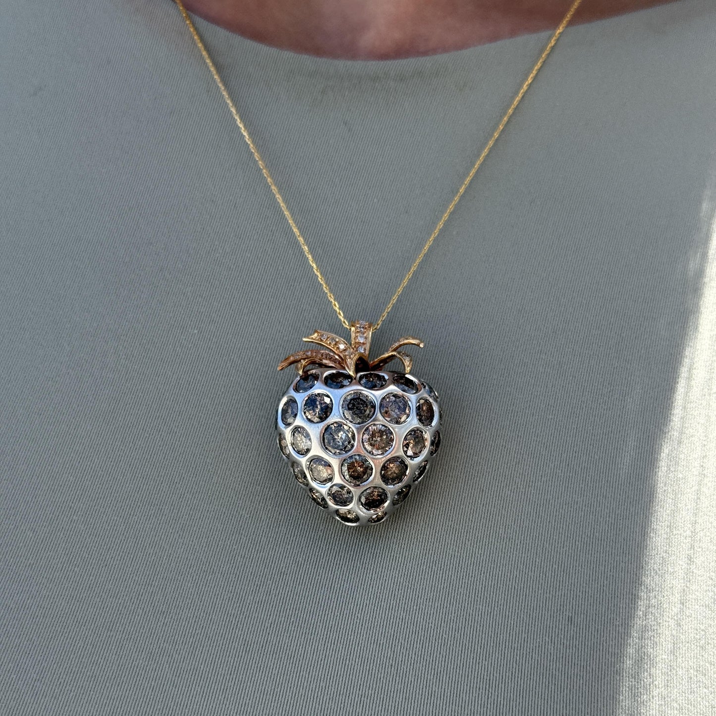 13.18cttw. Diamond Strawberry Charm Necklace in 18k Two Toned Gold 22.57g. 18"