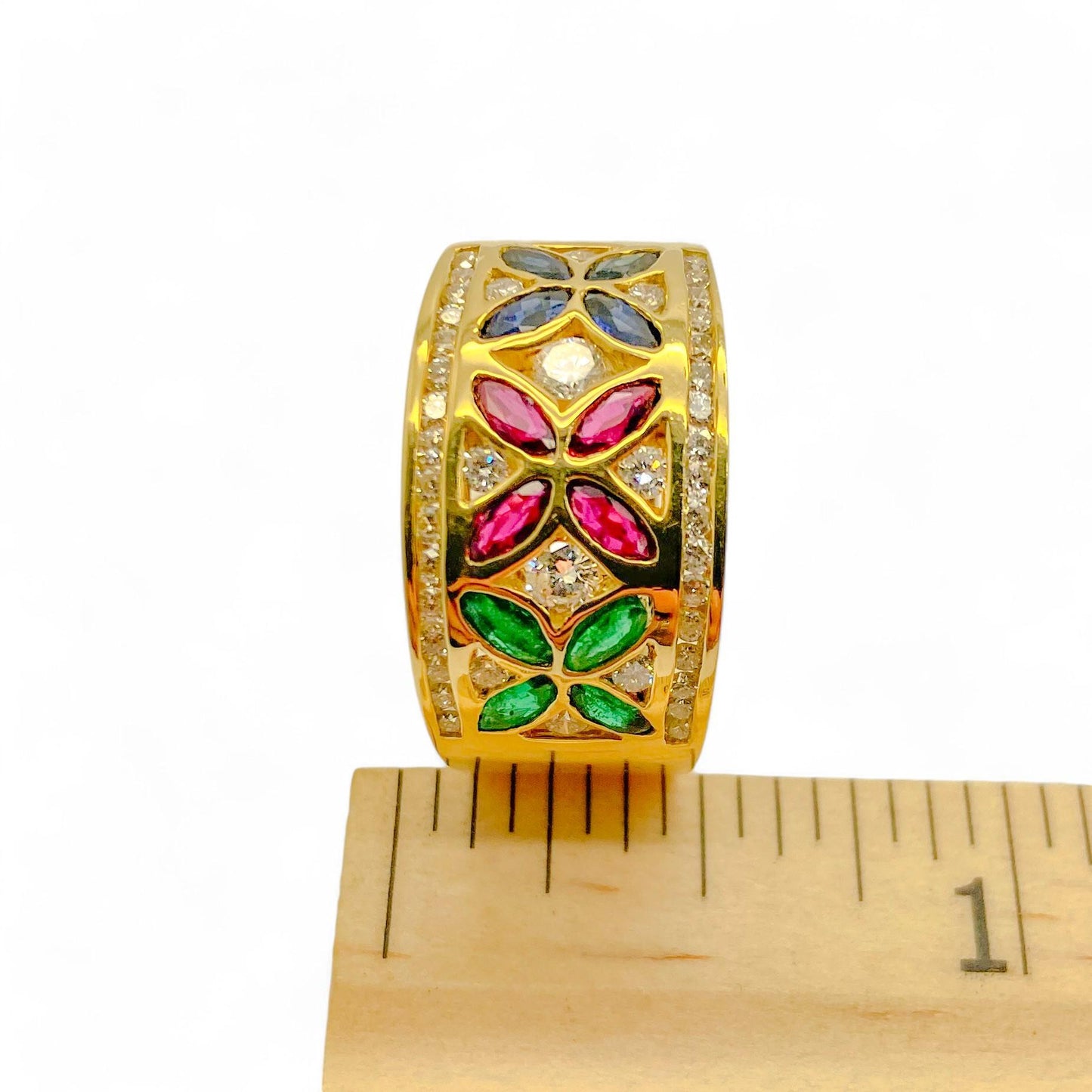 Diamond and Multi Color Wide Ring in 18K Yellow Gold 9US 10.6g