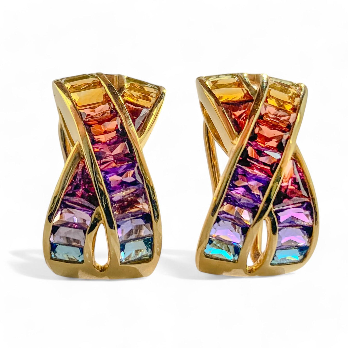 3.42 cttw Multi Color Sapphire Criss-Cross Earrings in 18K Yellow Gold 11.5g