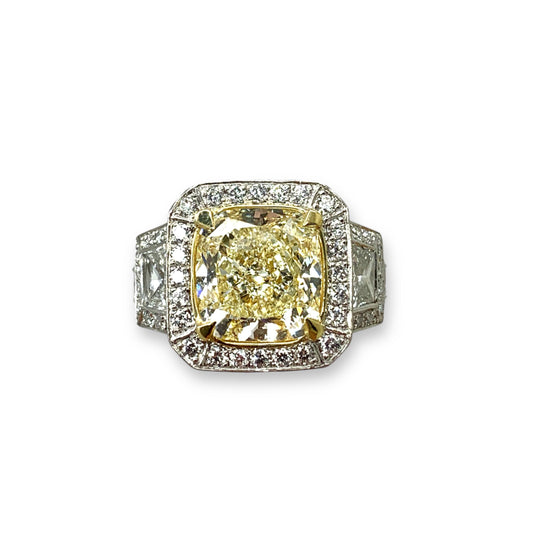 5.03 ct Fancy Light Yellow Diamond & 2.41 White Diamonds Platinum Ring