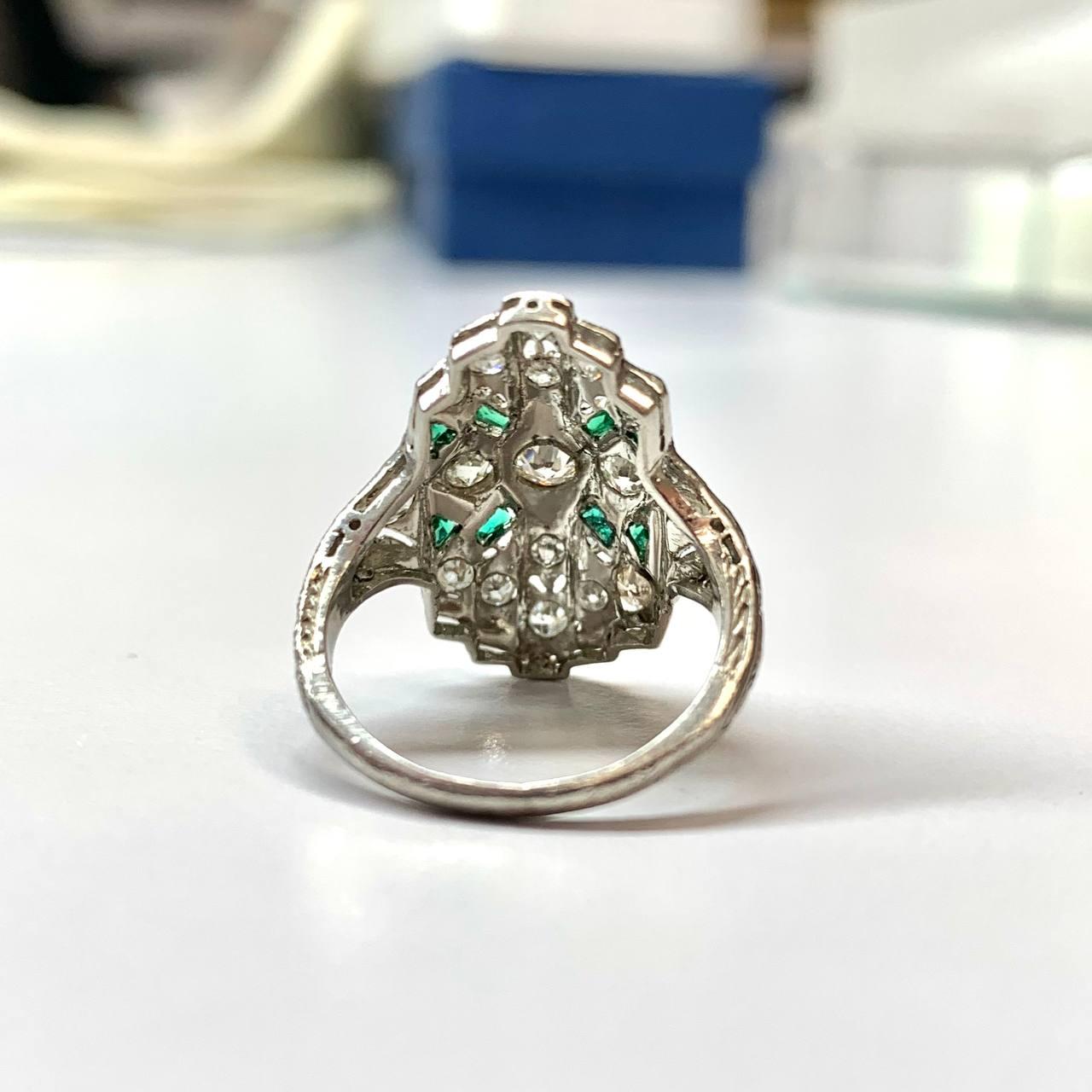 0.47 Cttw. White Diamond & Green Emerald Vintage Platinum Ring